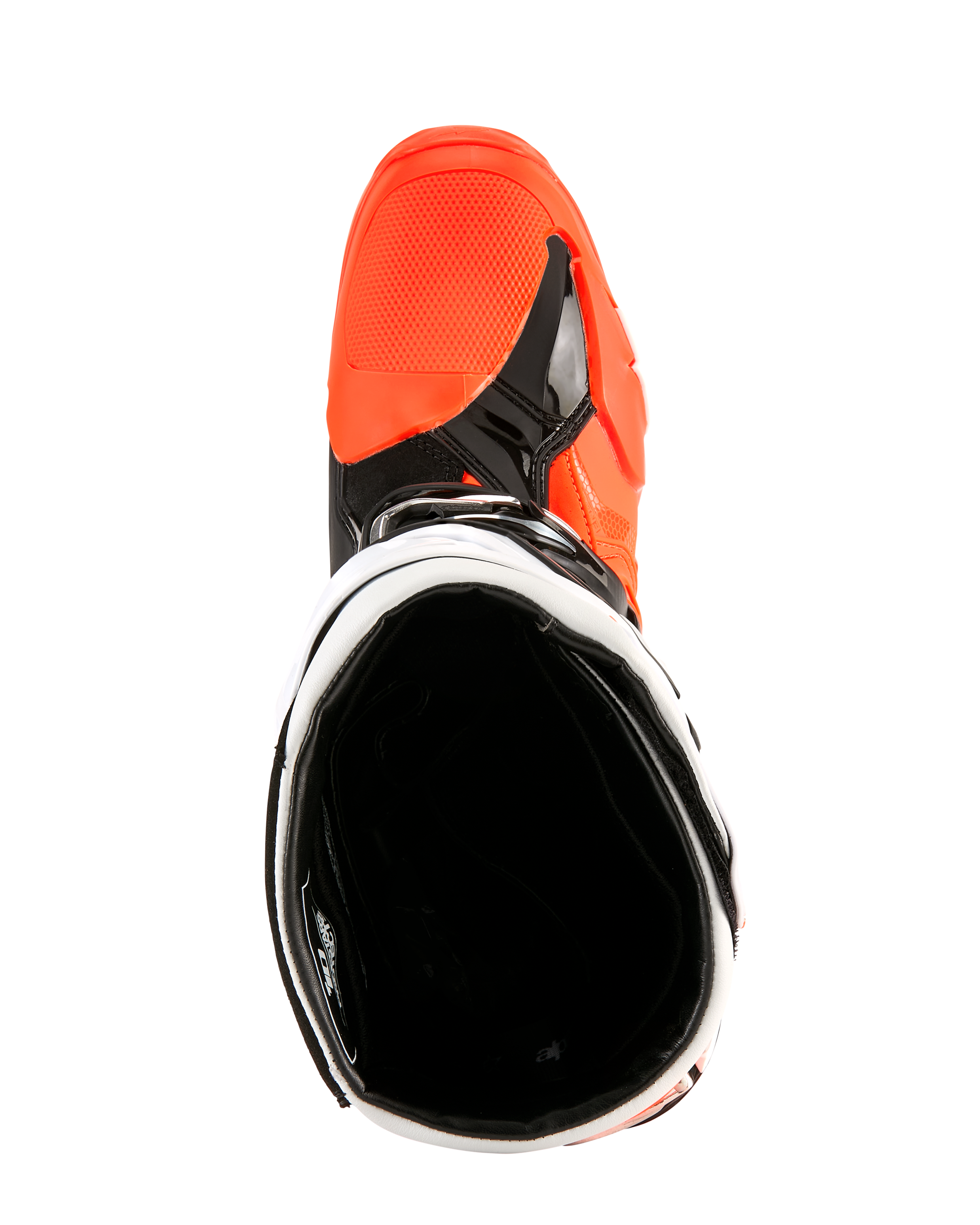 Alpinestars Tech 10 Enduro-støvler, fluorescerende orange, sort og hvid, set oppefra med kig ned i støvleåbningen, viser det sorte indvendige for og det klare orange tåboksområde, professionelt motorcykelfodtøj til terrænkørsel