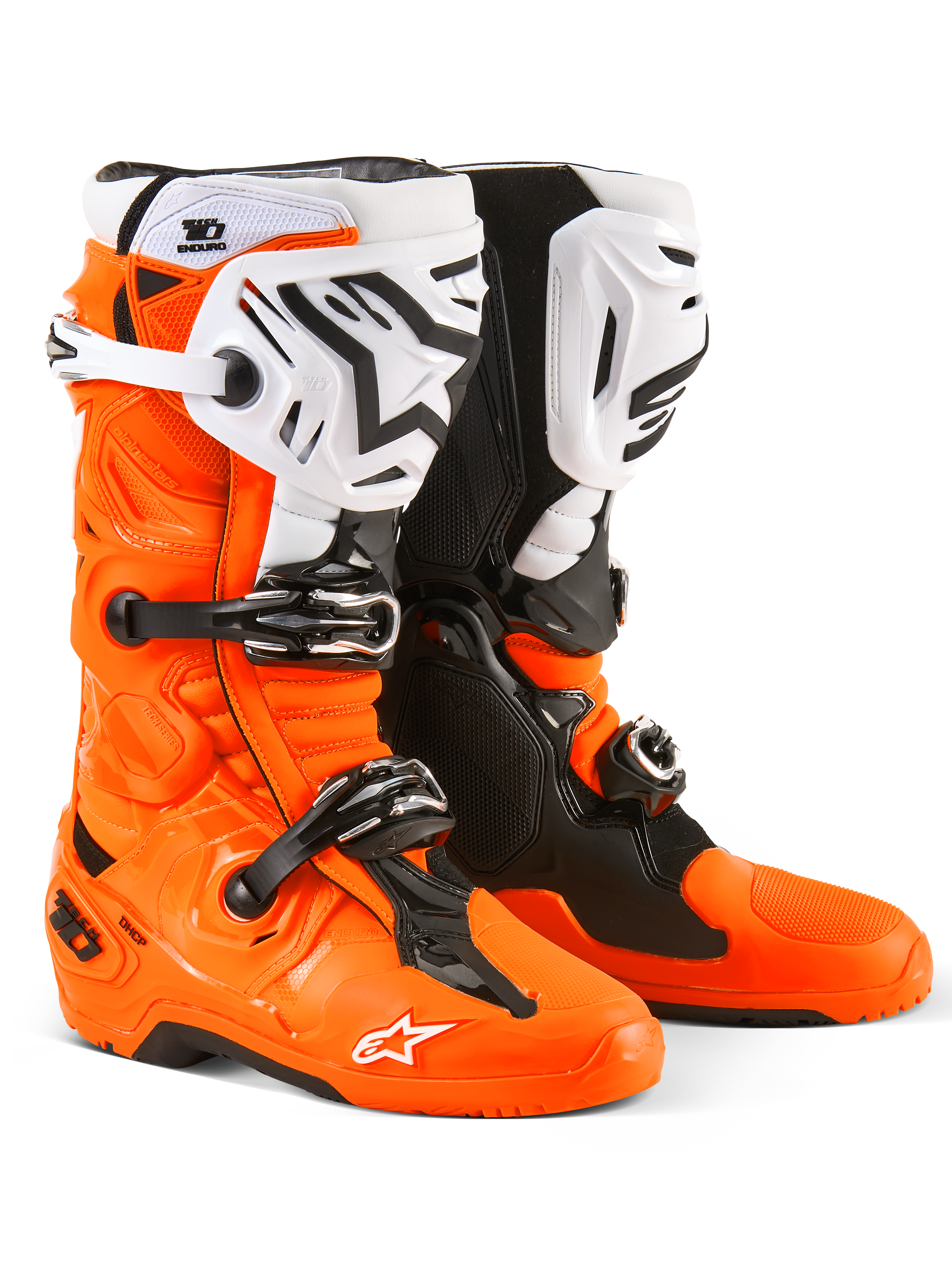 Alpinestars Tech 10 Enduro-støvler, motocross- og endurostøvler, orange fluo, sort og hvid, med tredobbelt spændelukkesystem, hvide skinnebensplader med sort Alpinestars-logo og robuste såler i dobbelt gummiblanding, beskyttende fodtøj til terrænkørsel