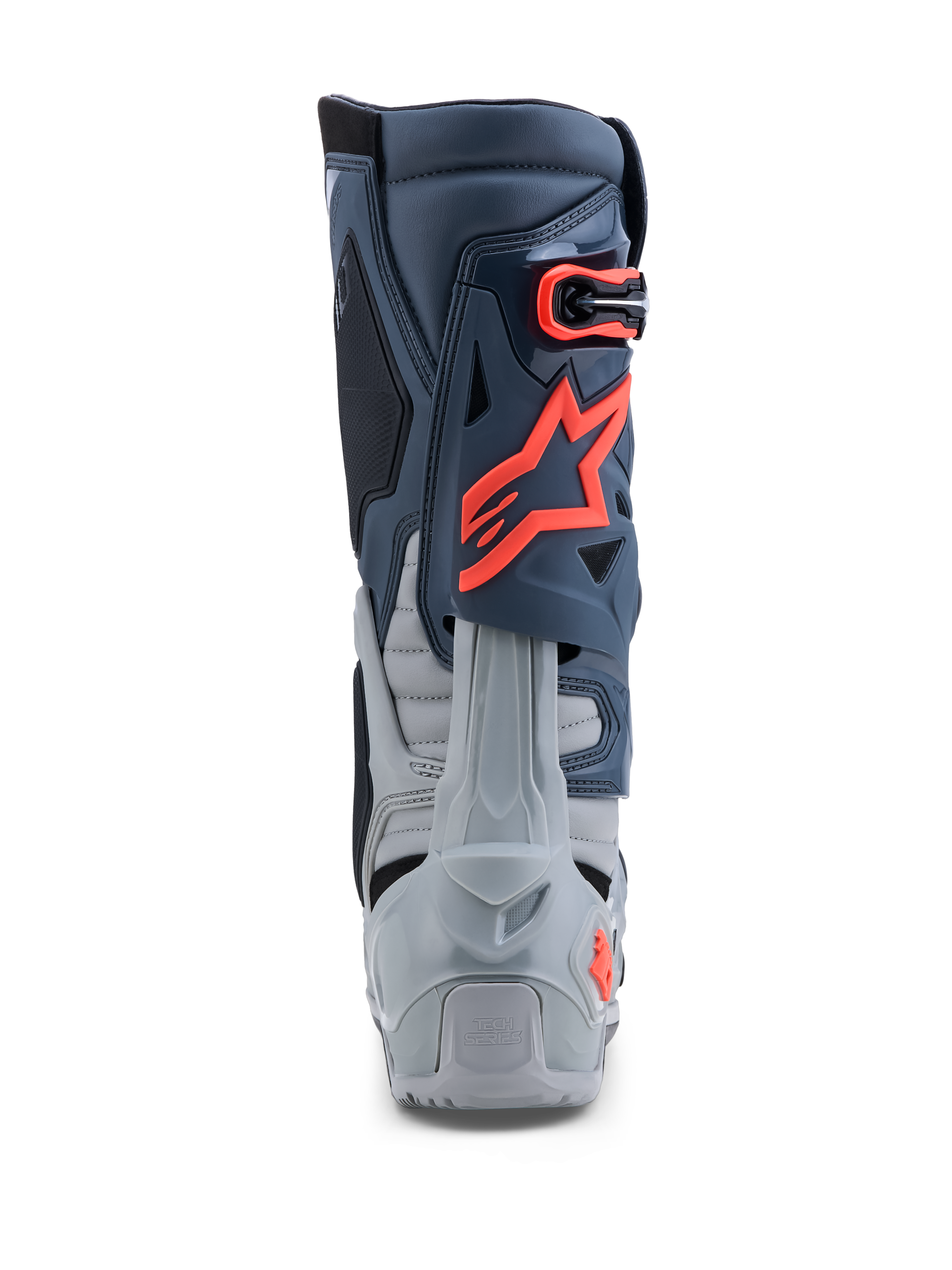 Alpinestars Tech-10 Enduro Boots, off-road racing, gray and red fluo, with rear heel protection and durable TPU construction.