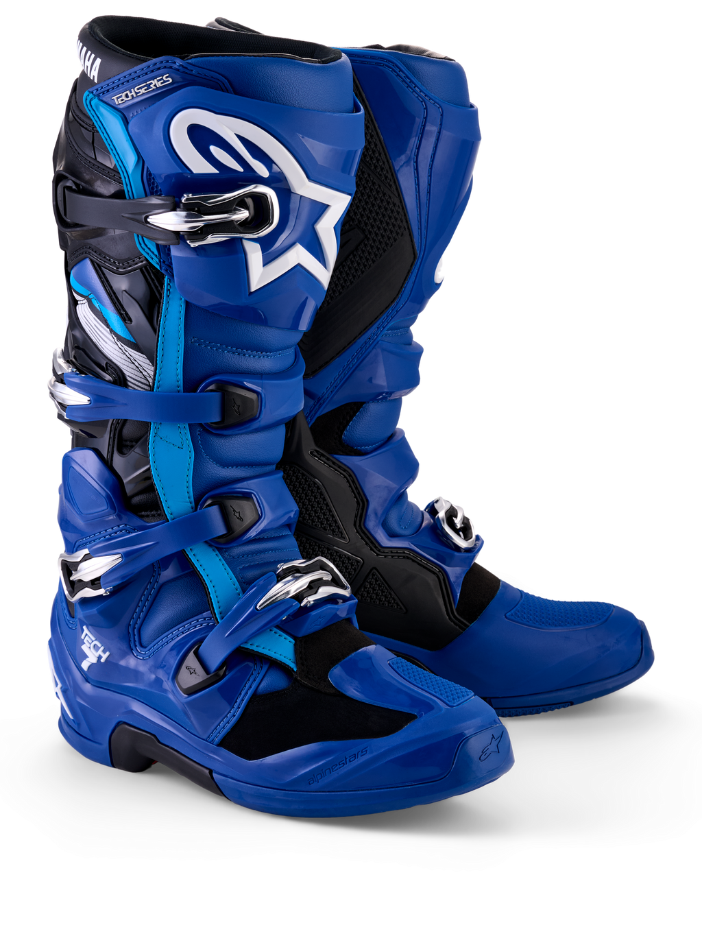 Alpinestars Yamaha Tech 7-støvler, motocross-støvler, blå, sort og hvid, med et lukkesystem med flere spænder, TPU-skinnebensplade med hvidt Astar-logo og Yamaha-branding på den øverste gaiter, designet til off-road-performance