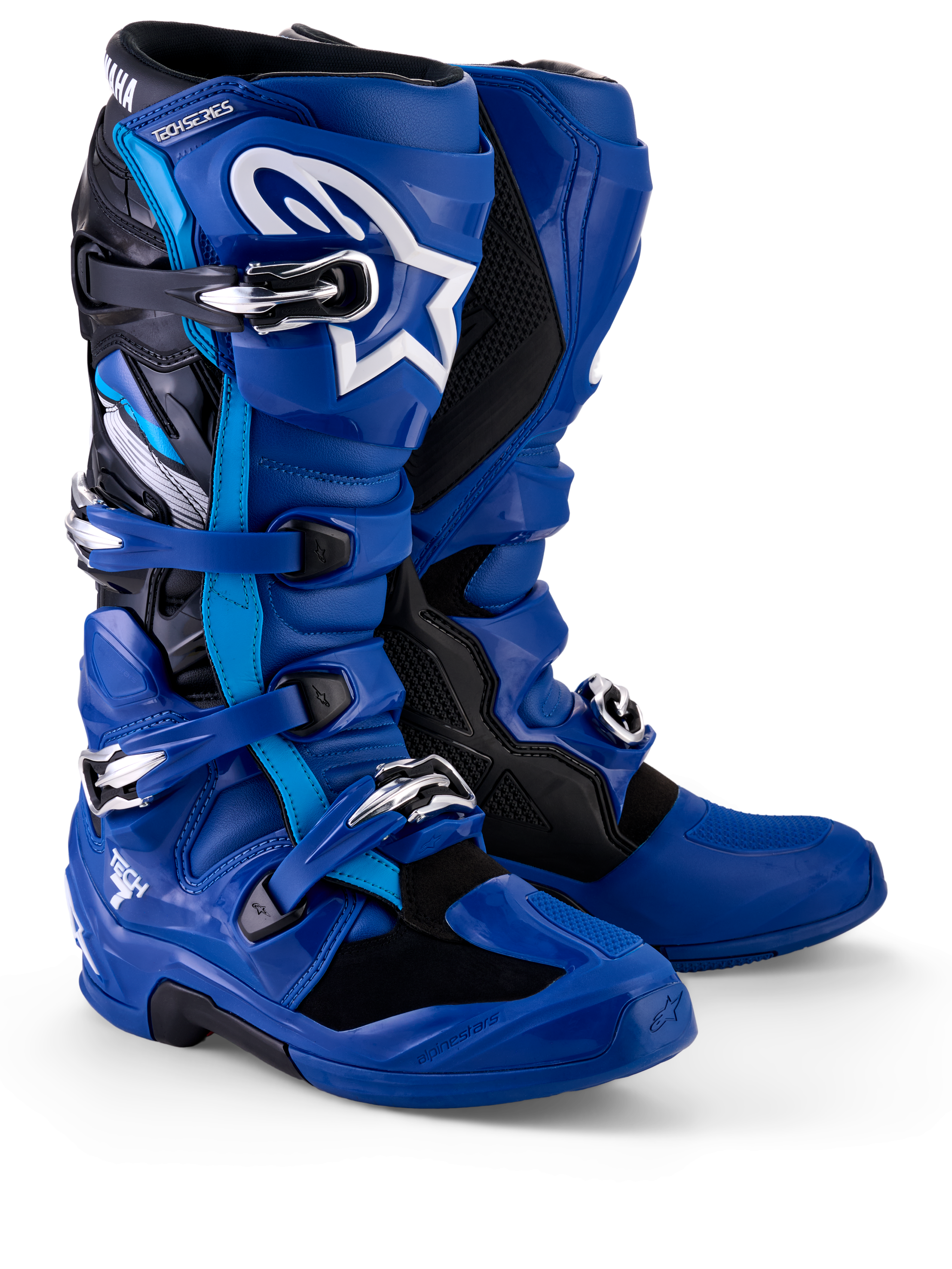 Alpinestars Yamaha Tech 7-støvler, motocross-støvler, blå, sort og hvid, med et lukkesystem med flere spænder, TPU-skinnebensplade med hvidt Astar-logo og Yamaha-branding på den øverste gaiter, designet til off-road-performance