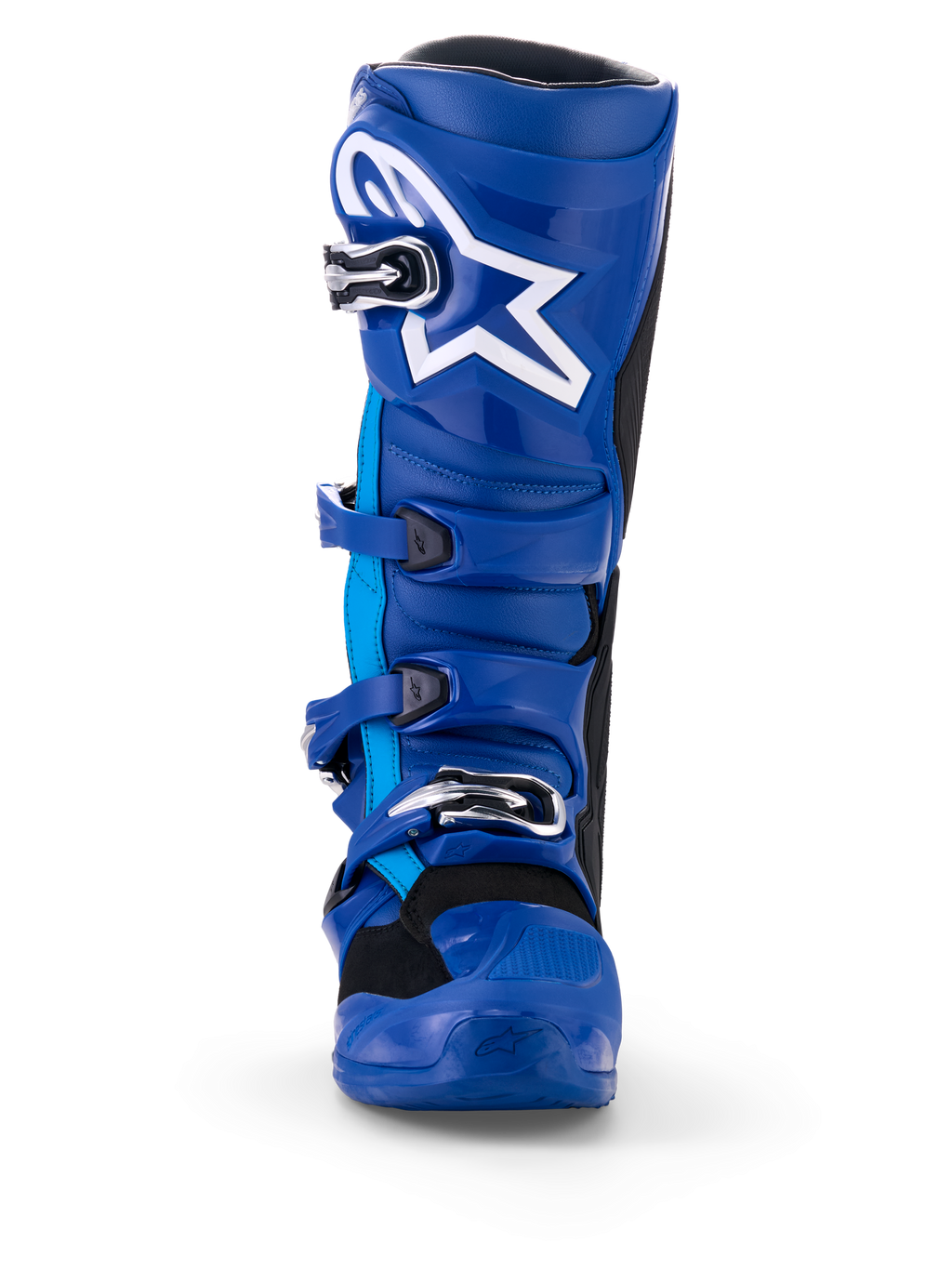 Alpinestars Yamaha Tech 7 støvler, motocross-støvler, blå og hvid, set forfra, med hvidt Astar-logo, sølvfarvet spændesystem og robust TPU-beskyttelsesskal til dirt bike-racing