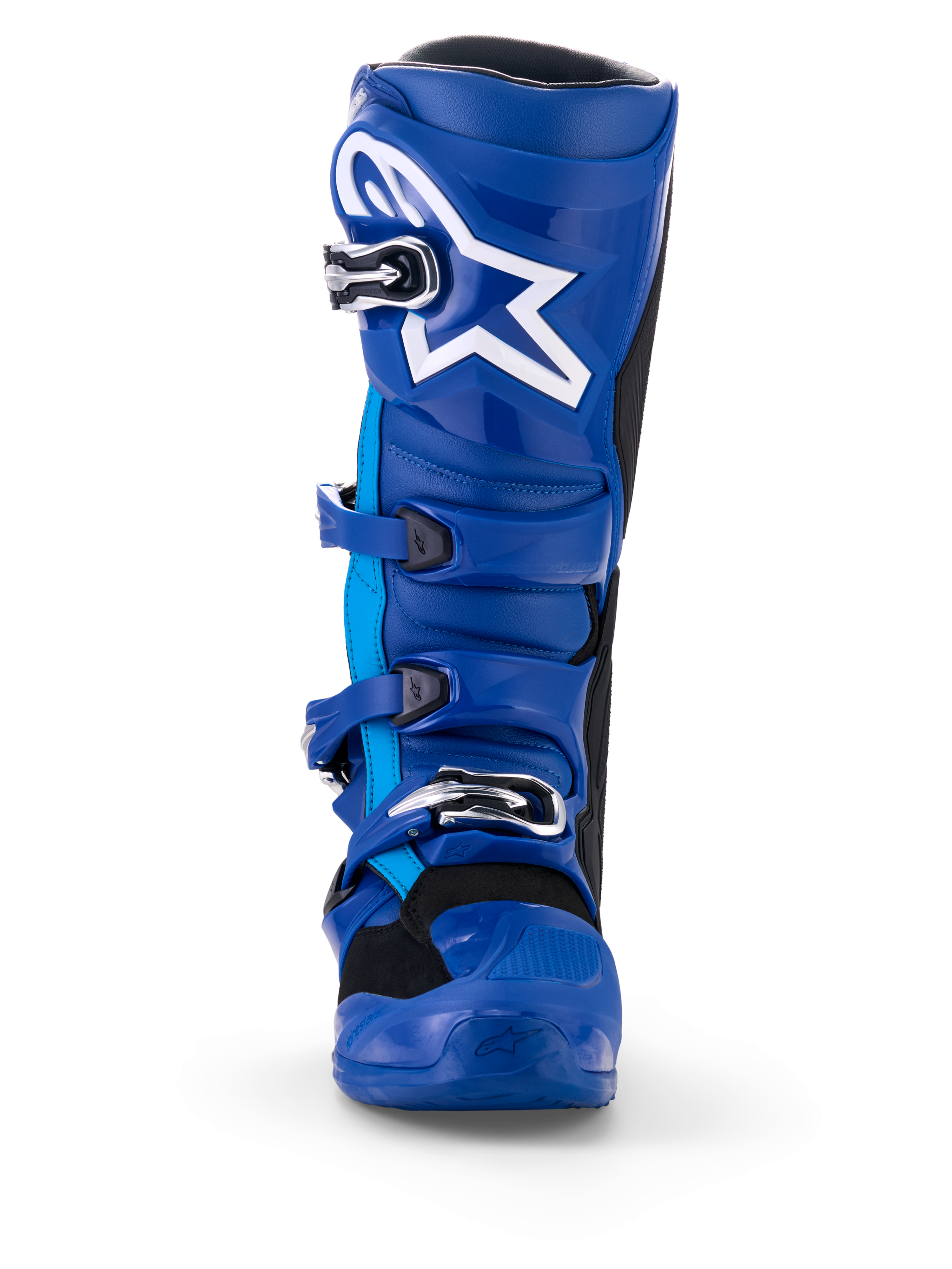 Alpinestars Yamaha Tech 7 støvler, motocross-støvler, blå og hvid, set forfra, med hvidt Astar-logo, sølvfarvet spændesystem og robust TPU-beskyttelsesskal til dirt bike-racing