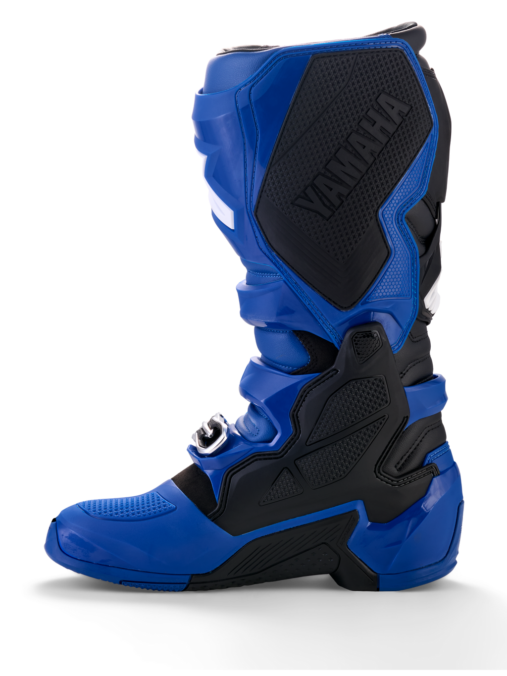 Alpinestars Yamaha Tech 7-støvler, motocross-støvler, blå og sort, med et stort sort Yamaha-logo på det indvendige panel, TPU-beskyttelse og en robust sål til off-road ydeevne