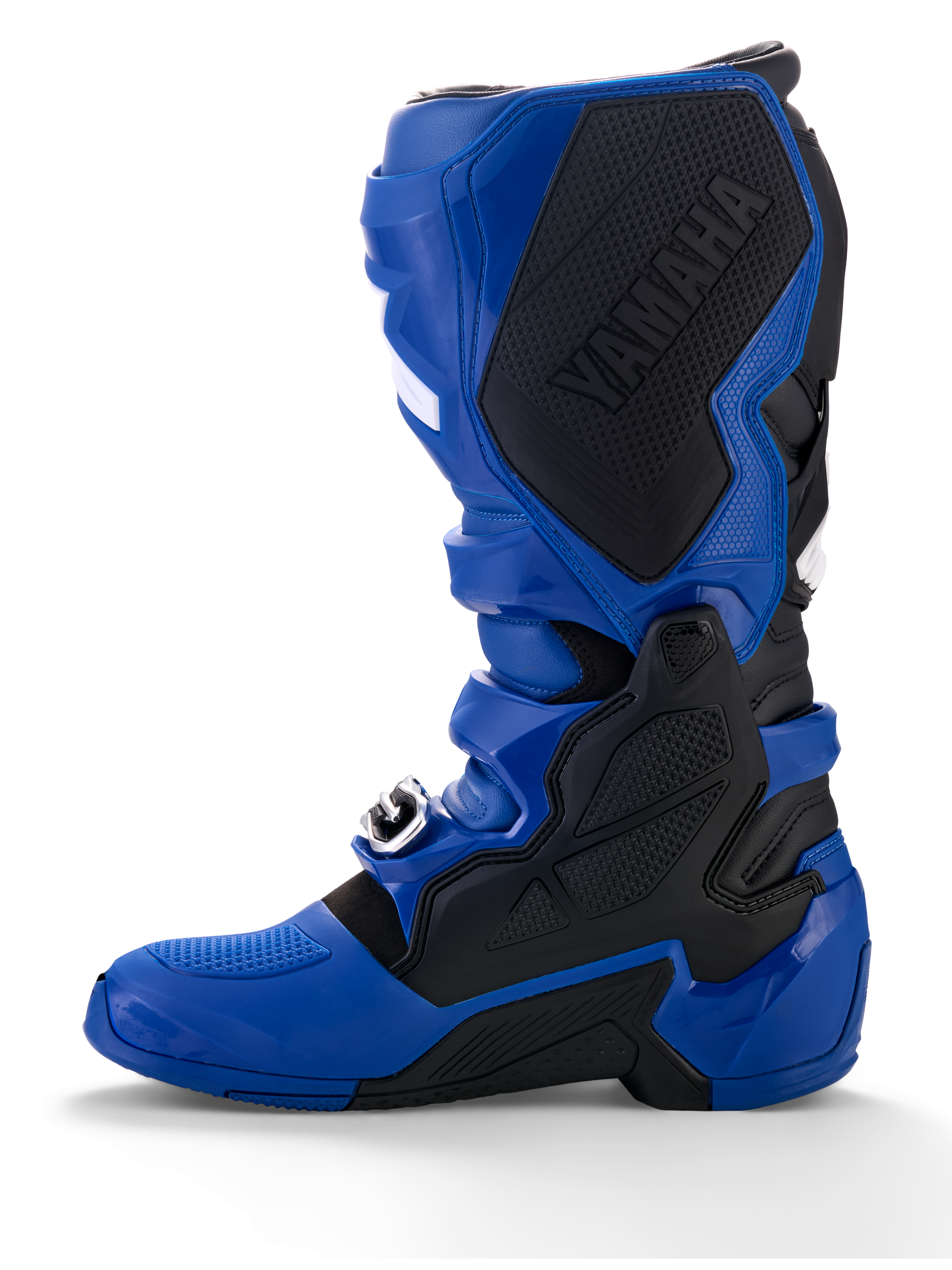 Alpinestars Yamaha Tech 7-støvler, motocross-støvler, blå og sort, med et stort sort Yamaha-logo på det indvendige panel, TPU-beskyttelse og en robust sål til off-road ydeevne