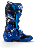 Alpinestars Yamaha Tech 7 støvler, motocross-racerstøvler, blå med sorte og hvide detaljer, sideprofil med fire justerbare spænder, forstærket TPU-beskyttelse på skinneben og hæl, tydelig Yamaha-branding og en robust sål til terrænkørsel