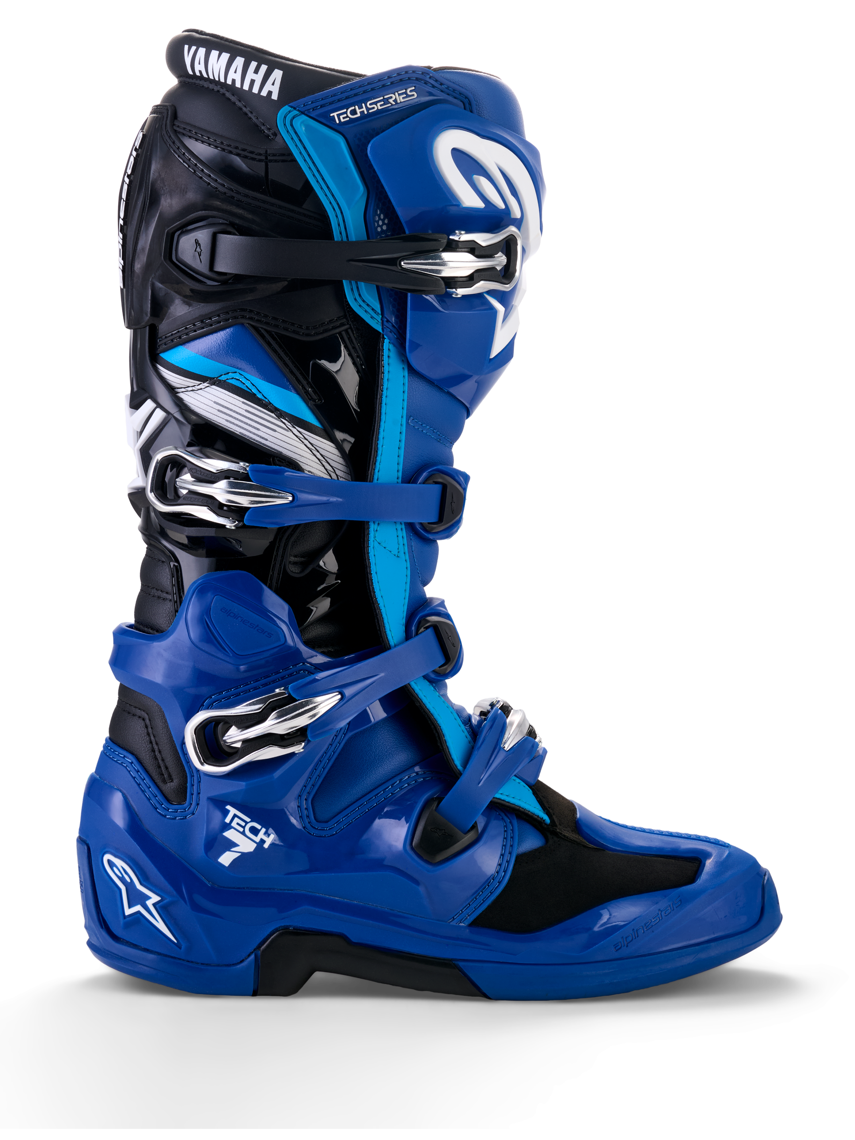 Alpinestars Yamaha Tech 7 støvler, motocross-racerstøvler, blå med sorte og hvide detaljer, sideprofil med fire justerbare spænder, forstærket TPU-beskyttelse på skinneben og hæl, tydelig Yamaha-branding og en robust sål til terrænkørsel