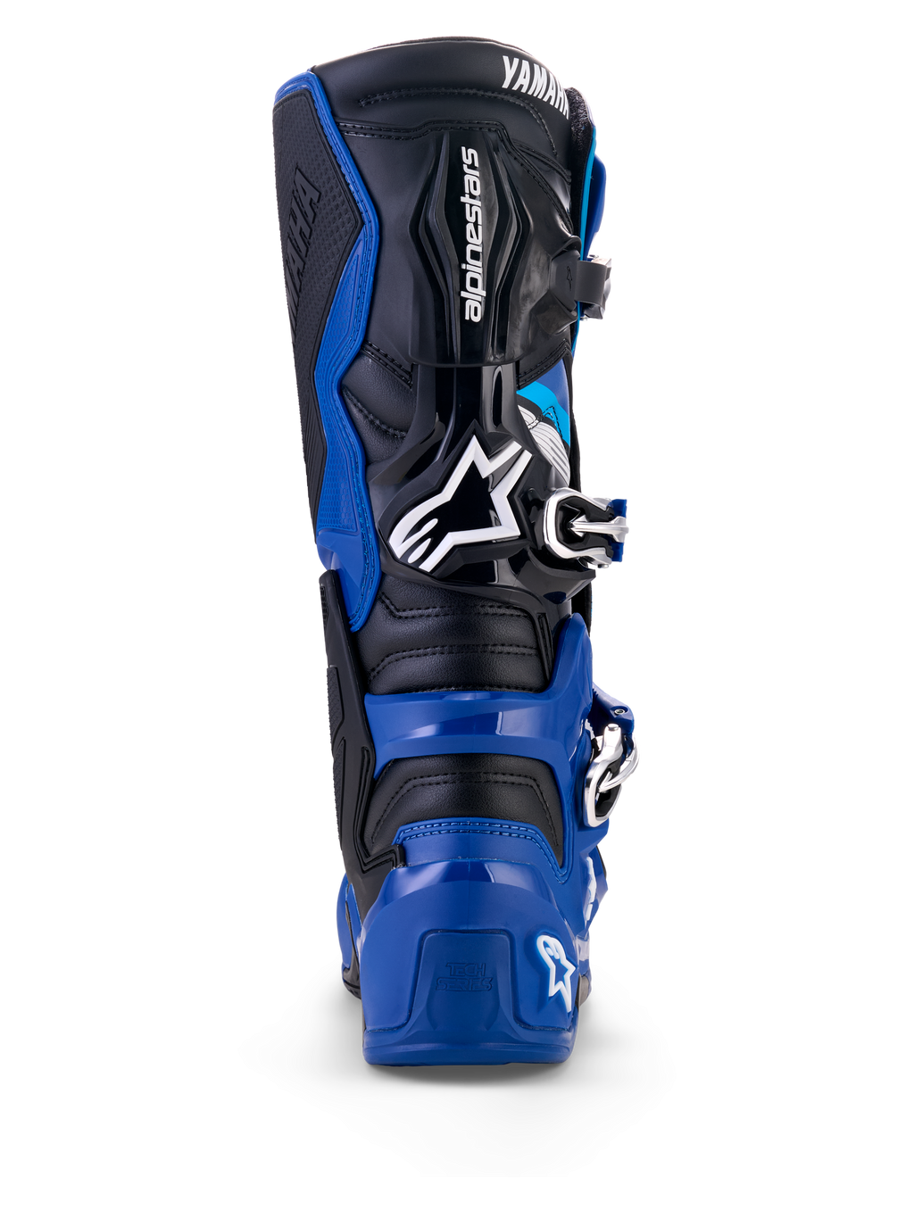 Alpinestars Yamaha Tech 7 støvler set bagfra, blå, sort og hvid, beskyttende TPU-skal, leddelt ankelsystem, tydelige Alpinestars- og Yamaha-logoer, designet til motocross og terrænkørsel