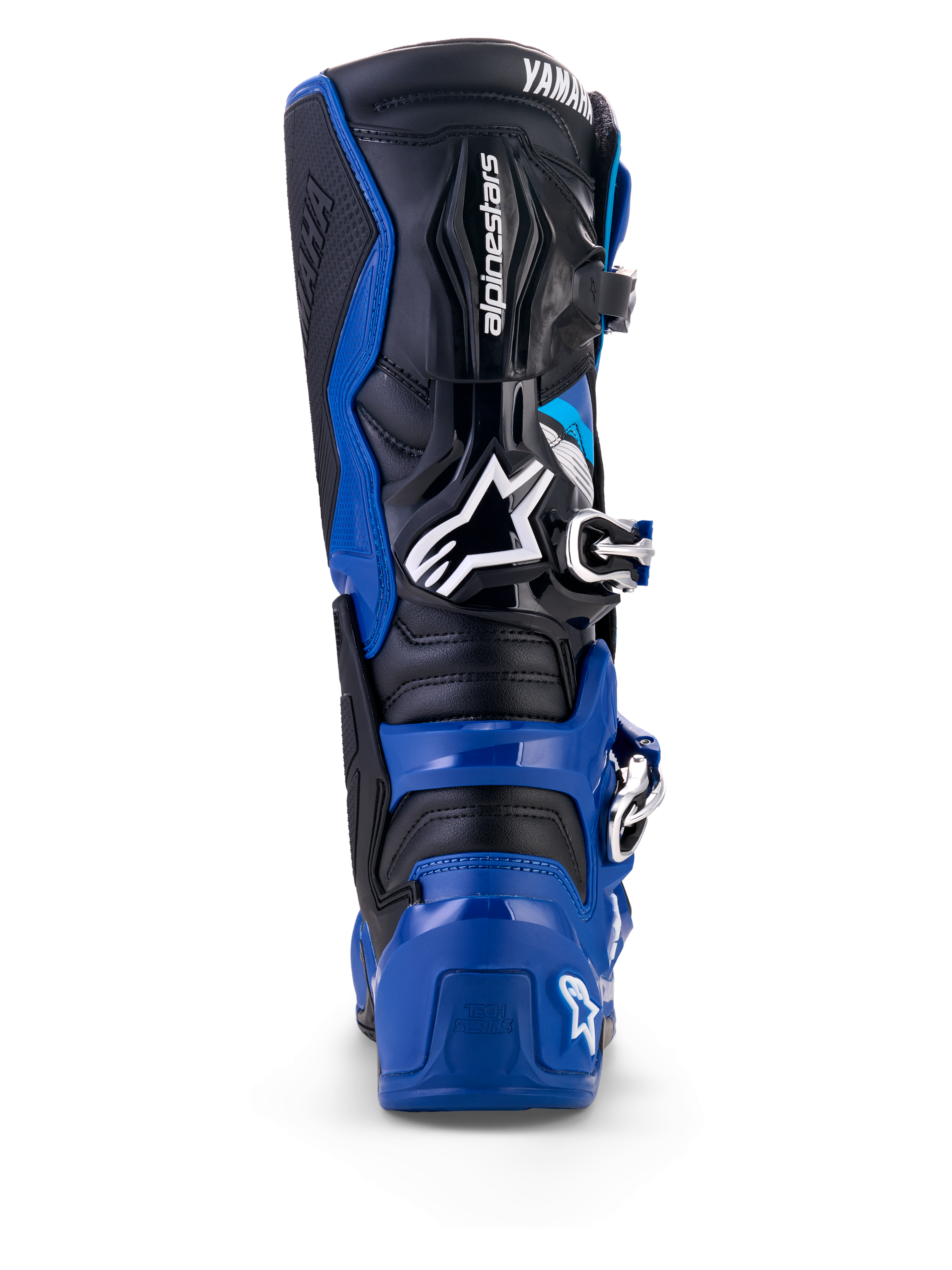 Alpinestars Yamaha Tech 7 støvler set bagfra, blå, sort og hvid, beskyttende TPU-skal, leddelt ankelsystem, tydelige Alpinestars- og Yamaha-logoer, designet til motocross og terrænkørsel