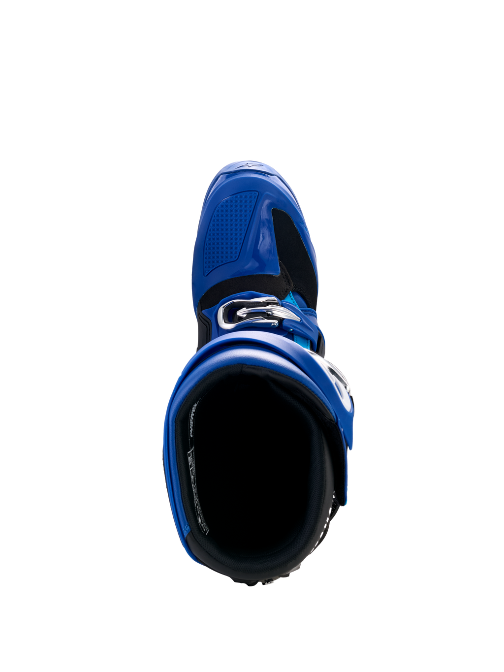 Alpinestars Yamaha Tech 7 støvler, motocross-støvler, blå, sort og hvid, set fra oven, der viser den indvendige åbning og det justerbare spændesystem, højtydende beskyttende fodtøj til off-road racing