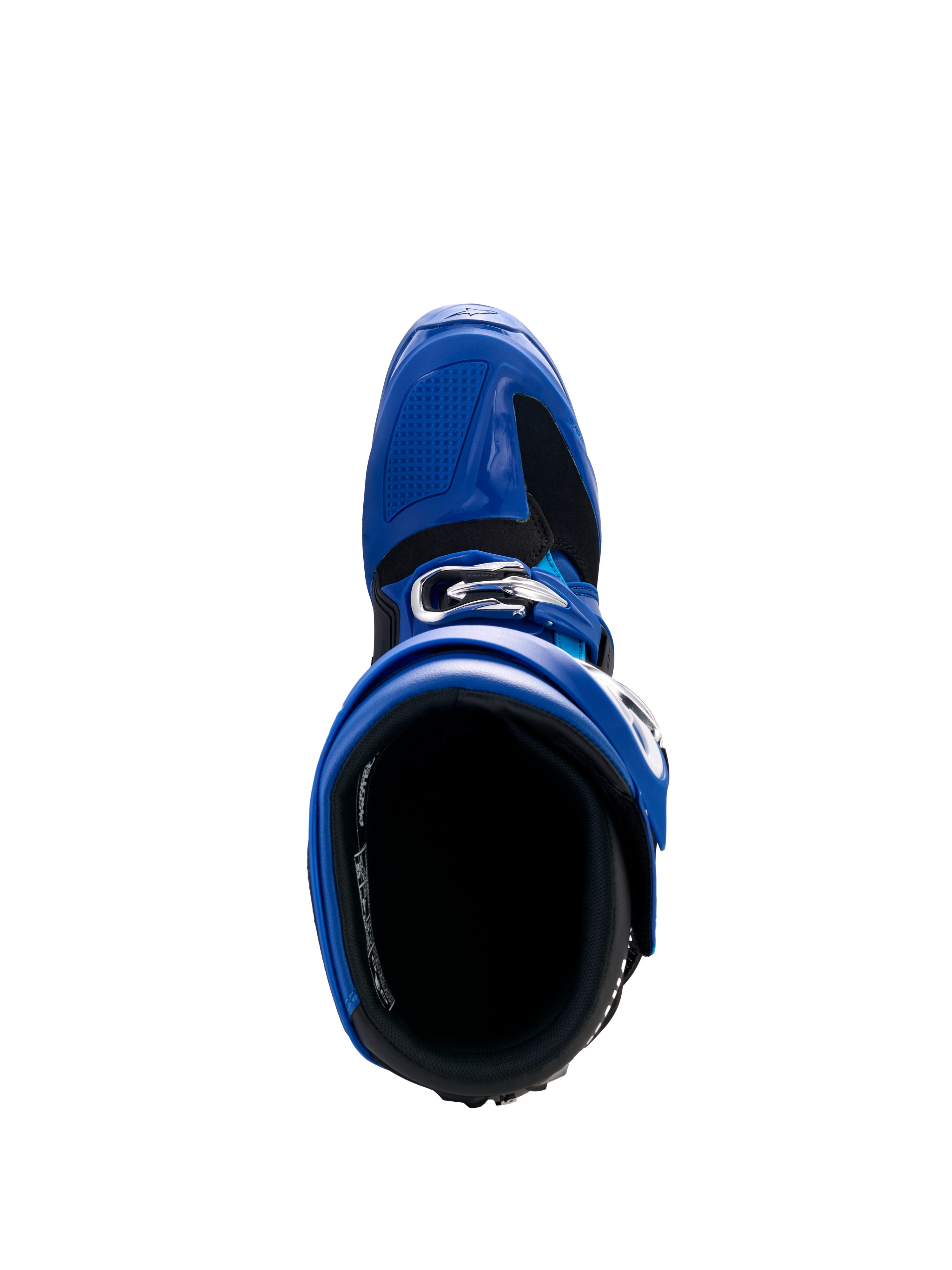 Alpinestars Yamaha Tech 7 støvler, motocross-støvler, blå, sort og hvid, set fra oven, der viser den indvendige åbning og det justerbare spændesystem, højtydende beskyttende fodtøj til off-road racing