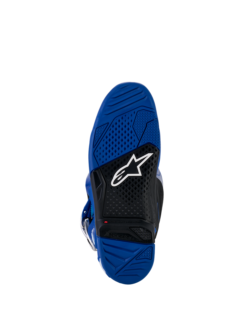 Alpinestars Yamaha Tech 7 støvler, motocrossstøvler, blå og sort sål, vulkaniseret gummiydersål med dobbelt tæthed og tekstureret grebsmønster, hvidt Alpinestars-logo og rød indikator for slidgrænse