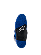 Alpinestars Yamaha Tech 7 støvler, motocrossstøvler, blå og sort sål, vulkaniseret gummiydersål med dobbelt tæthed og tekstureret grebsmønster, hvidt Alpinestars-logo og rød indikator for slidgrænse