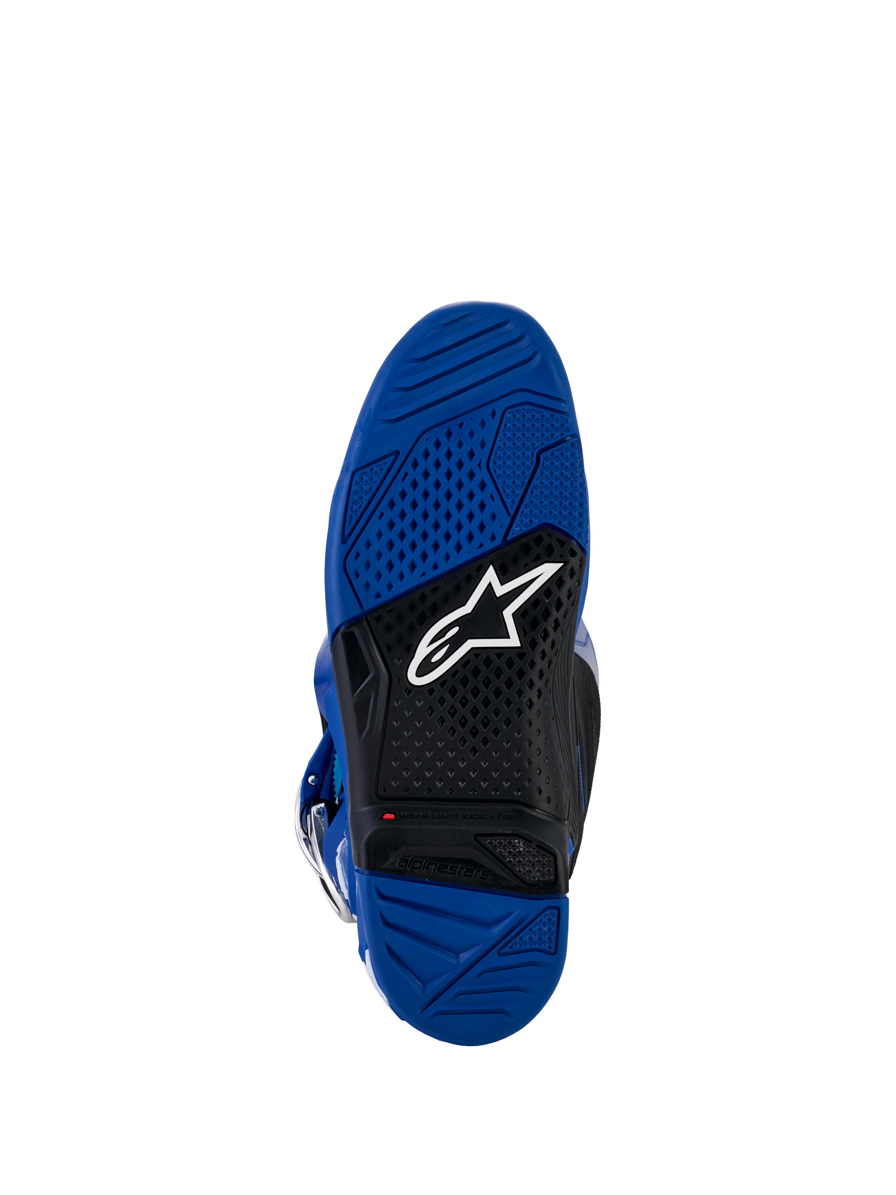 Alpinestars Yamaha Tech 7 støvler, motocrossstøvler, blå og sort sål, vulkaniseret gummiydersål med dobbelt tæthed og tekstureret grebsmønster, hvidt Alpinestars-logo og rød indikator for slidgrænse