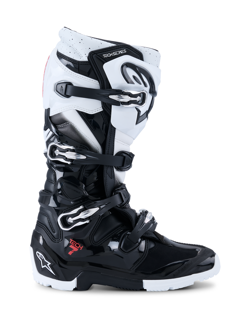 Alpinestars 2026 Tech 7 Enduro støvler, off-road motorcykelstøvler, sort og hvid, med fire metalspænder, stødfaste TPU-beskyttelsespaneler, robust dobbelt-sammensat sål og markant Alpinestars-branding på hæl og skinneben
