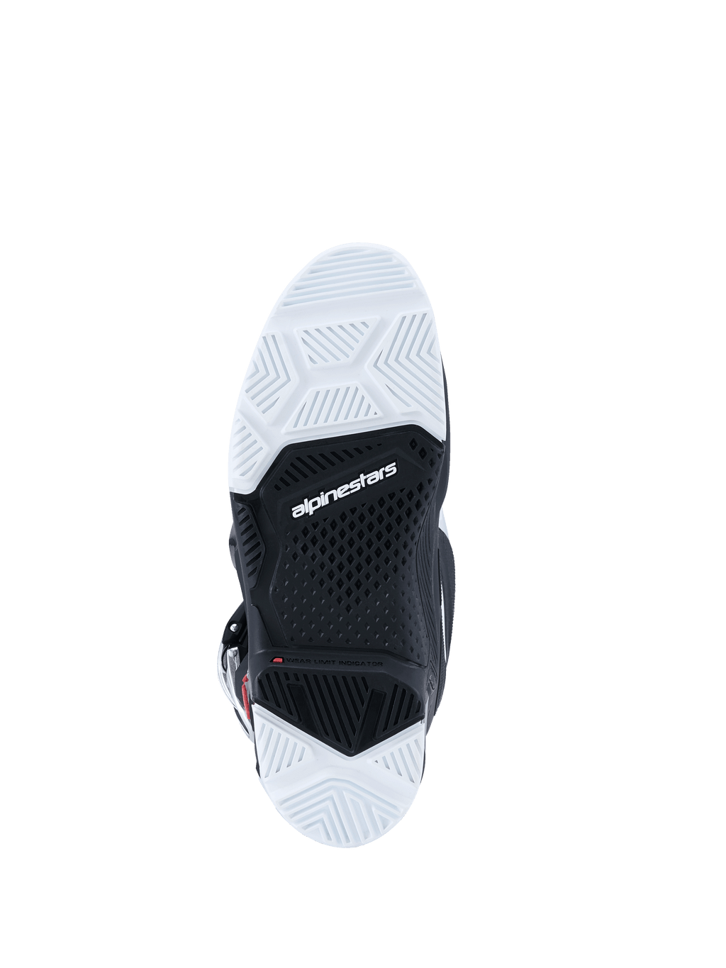 Alpinestars 2026 Tech 7 Enduro-støvler, visning af ydersålen nedefra, sort og hvid dobbelt sammensat sål med tekstureret mønster, Alpinestars-logo i midten, designet til holdbarhed og greb i off-road terræn