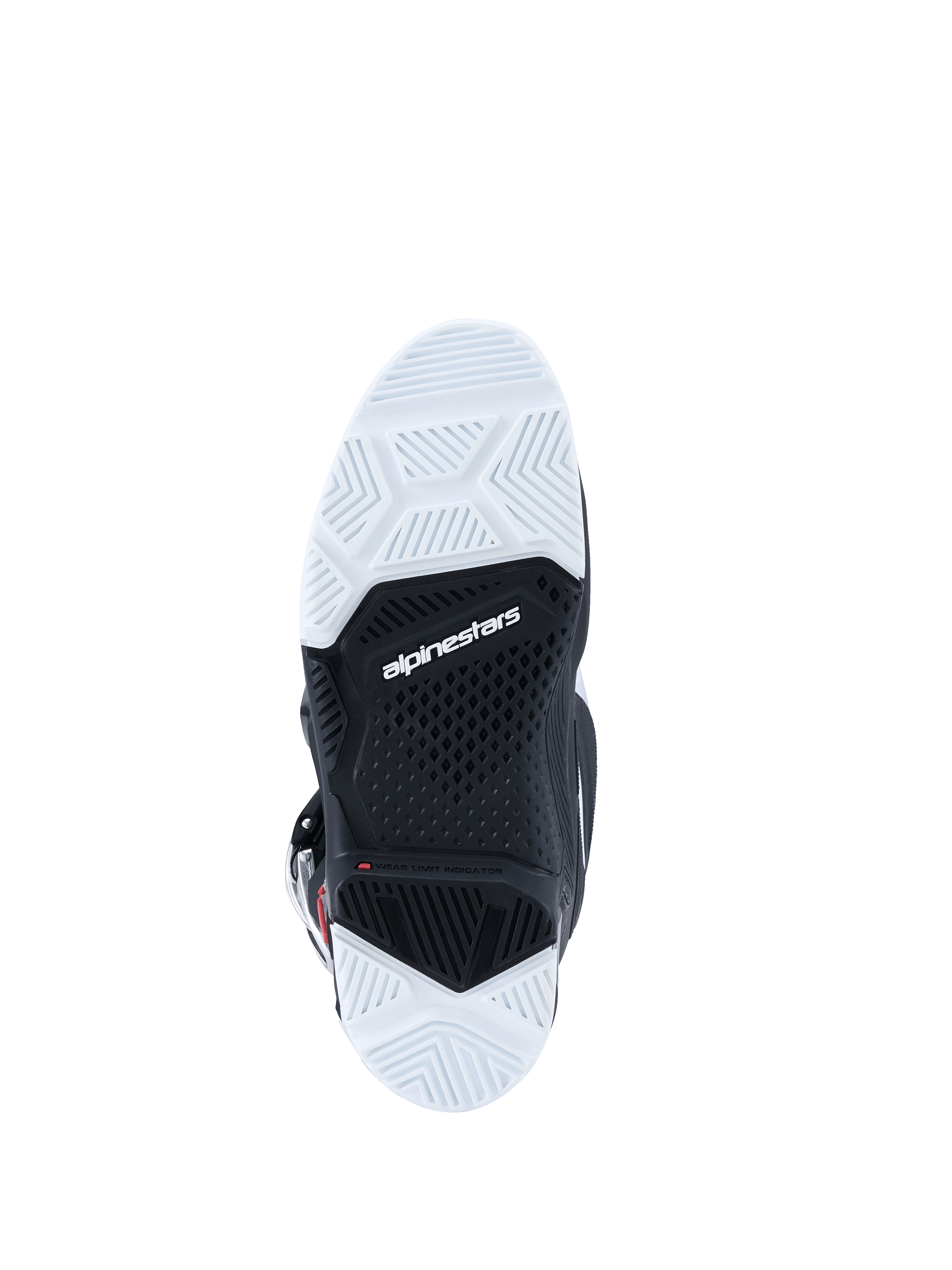 Alpinestars 2026 Tech 7 Enduro-støvler, visning af ydersålen nedefra, sort og hvid dobbelt sammensat sål med tekstureret mønster, Alpinestars-logo i midten, designet til holdbarhed og greb i off-road terræn