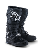 Alpinestars 2026 Tech 7 Enduro Boots, Motorcycle Enduro Boots, Black Anthracite and White, featuring a four-buckle closure system, white A-star logo on the shin plate, rugged dual-compound sole for off-road traction