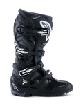Alpinestars 2026 Tech 7 Enduro Boots, Black Anthracite White, specialized off-road motorcycle boots featuring a four-buckle closure system, durable PU-reinforced microfiber upper, and a rugged lugged sole for enduro terrain, sleek design with prominent Tech 7 branding on the heel.