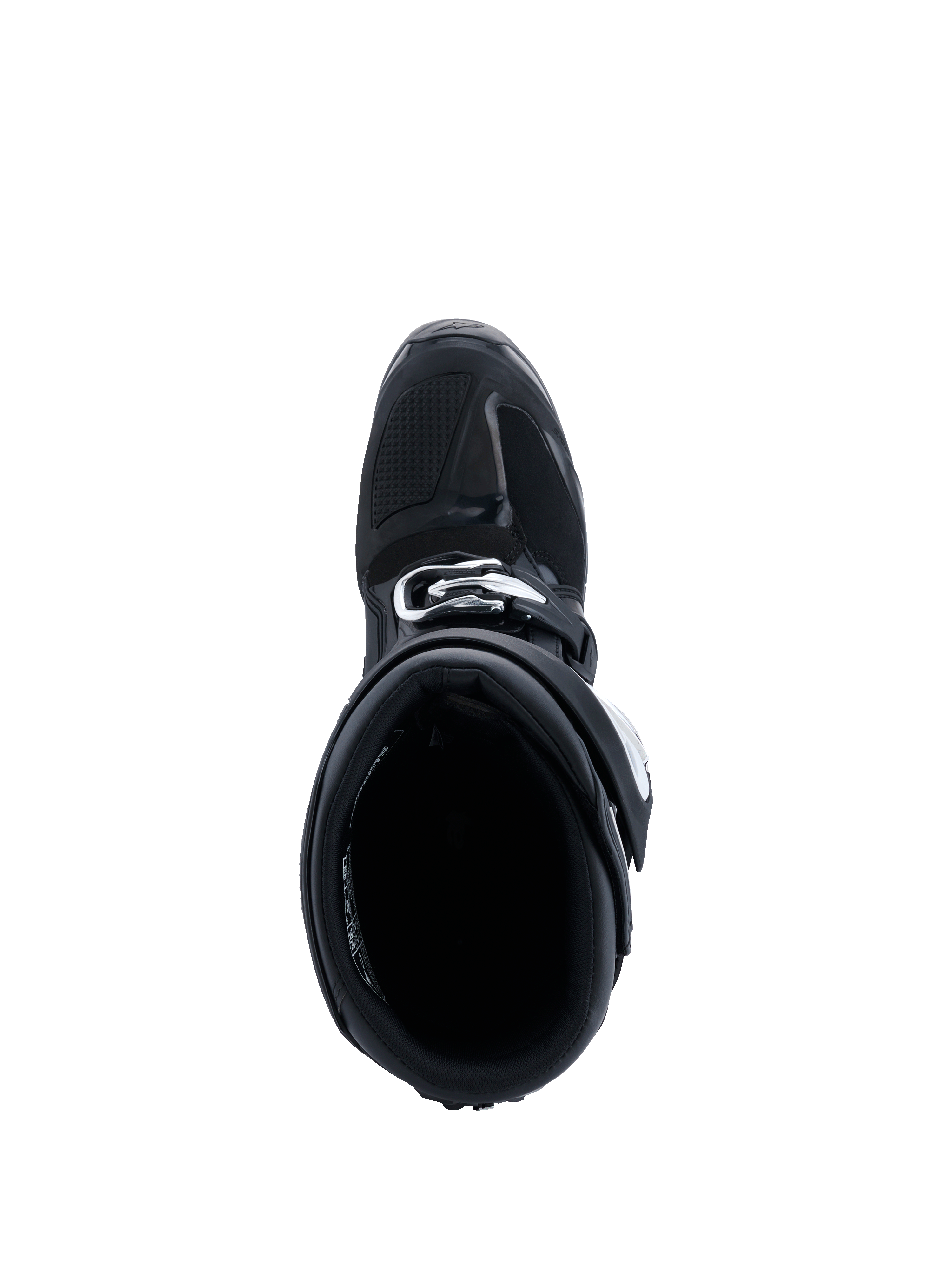 Alpinestars 2026 Tech 7 Enduro Boots, Off-road Motorcycle Boots, Black Anthracite White, top-down view looking into the boot opening, showing the padded interior lining and buckle closure system, durable protective construction for enduro riding.