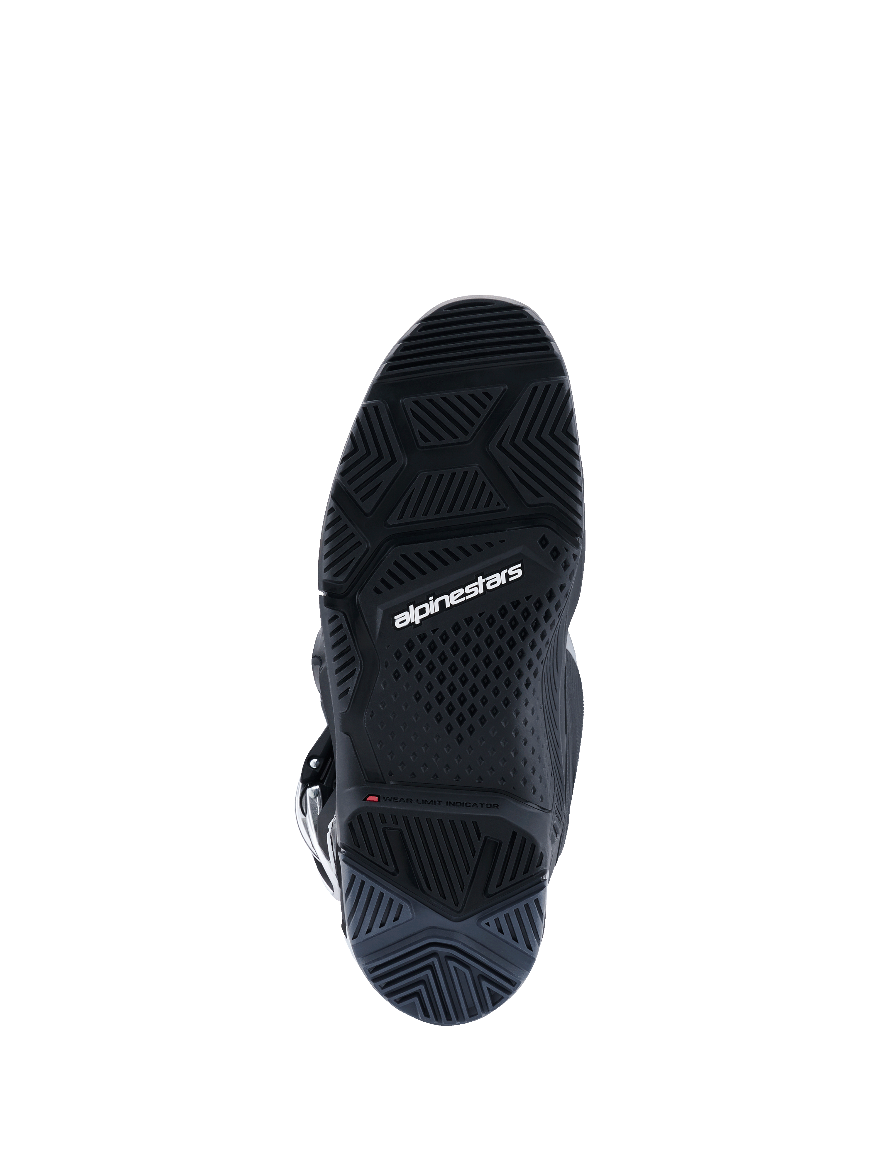 Alpinestars 2026 Tech 7 Enduro Boots, Black Anthracite White, bottom view showing the specialized Enduro-spec dual compound sole, intricate tread pattern for off-road traction, white Alpinestars branding and wear limit indicator