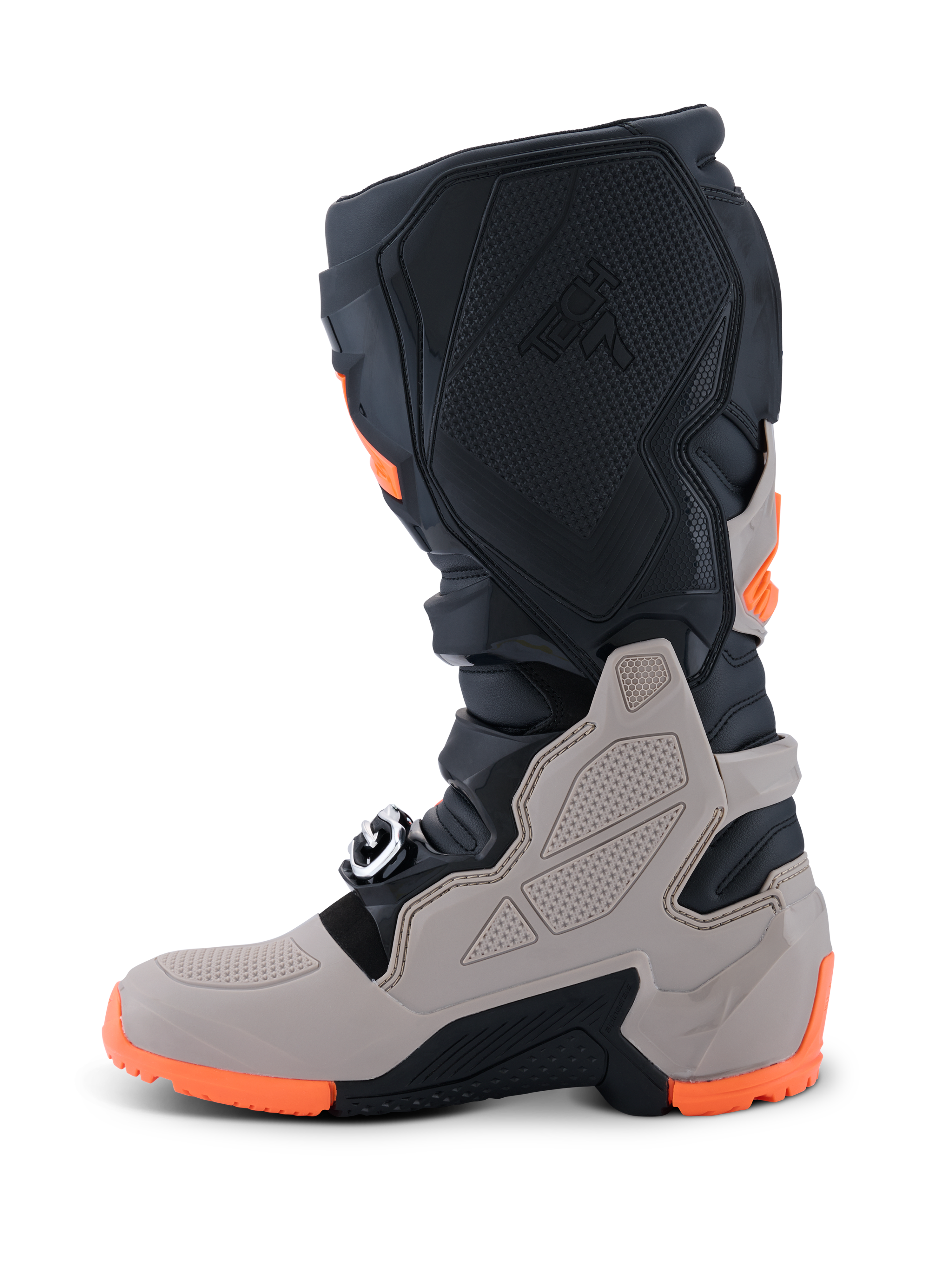 Alpinestars 2026 Tech 7 Enduro-støvler, motocross- og enduro-støvler, sort, varm grå og orange fluo, sidevisning med en robust dobbelt sammensat sål, TPU-beskyttelse på skinneben og ankel, præget Tech 7-branding.