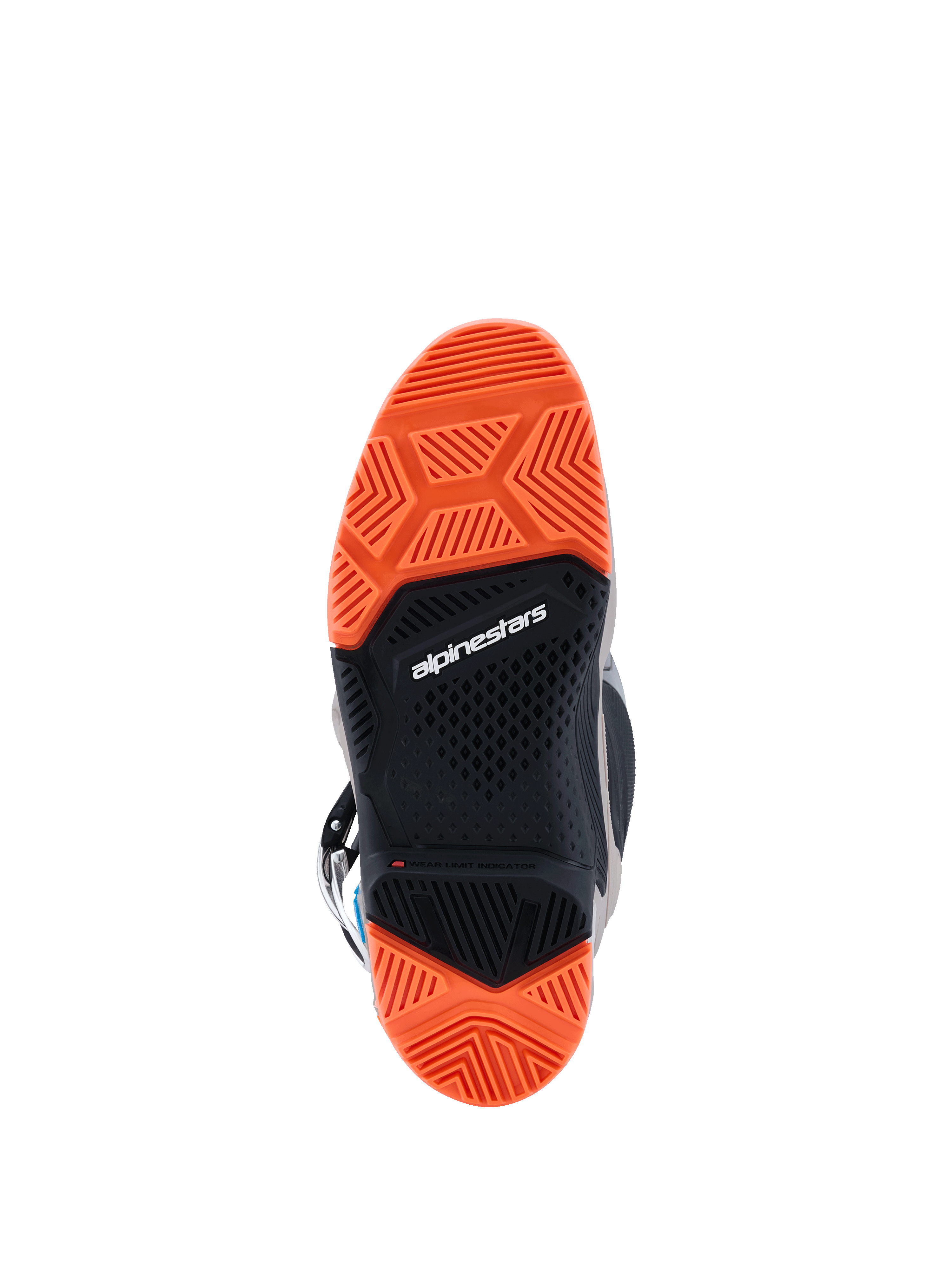 Alpinestars 2026 Tech 7 Enduro-støvler, bundvisning af den specialiserede dobbelt sammensatte sål, sort og Orange Fluo, detaljerede slidbanemønstre for overlegent off-road greb, med Alpinestars-branding og slidindikator.