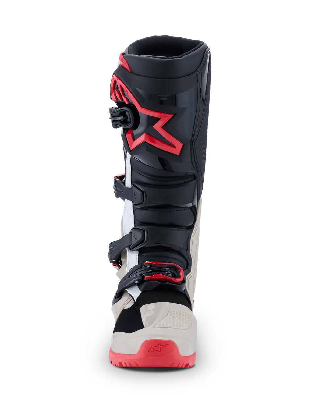 Alpinestars 2026 Tech 7 Enduro-støvler, motocross-støvler, sort, lys grå og klar rød, set forfra, viser spændelukkesystem og rødt stjernelogo på skinnebenet