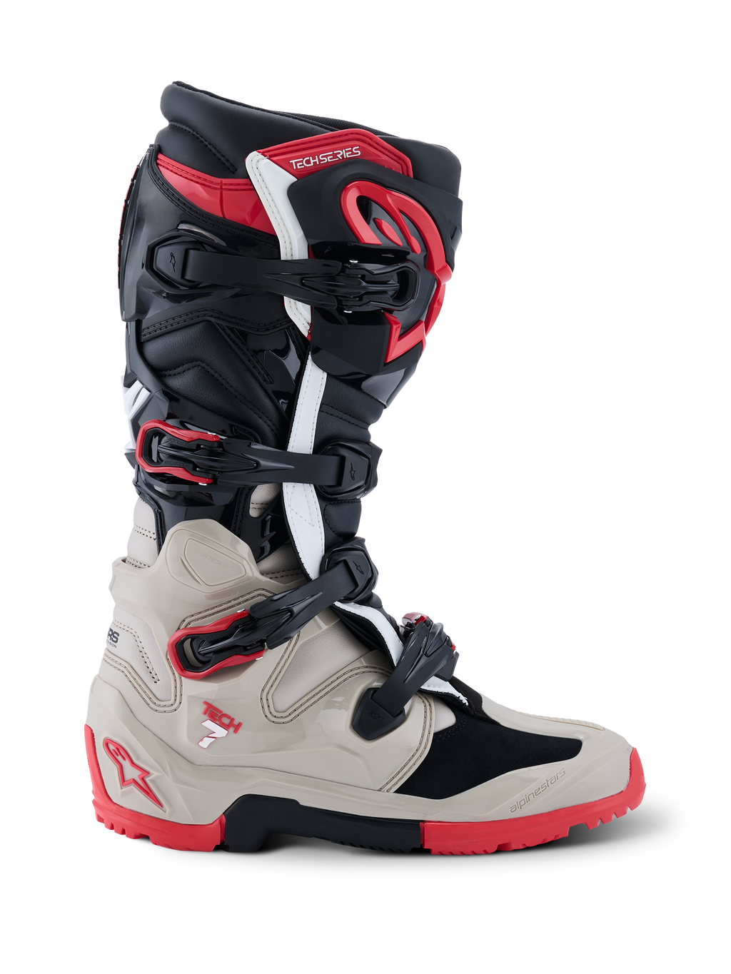Alpinestars 2026 Tech 7 Enduro-støvler, off-road motorcykelstøvler i sort, lysegrå og klar rød, sideprofil der viser multispændesystemet og omfattende TPU-stødbeskyttelse.