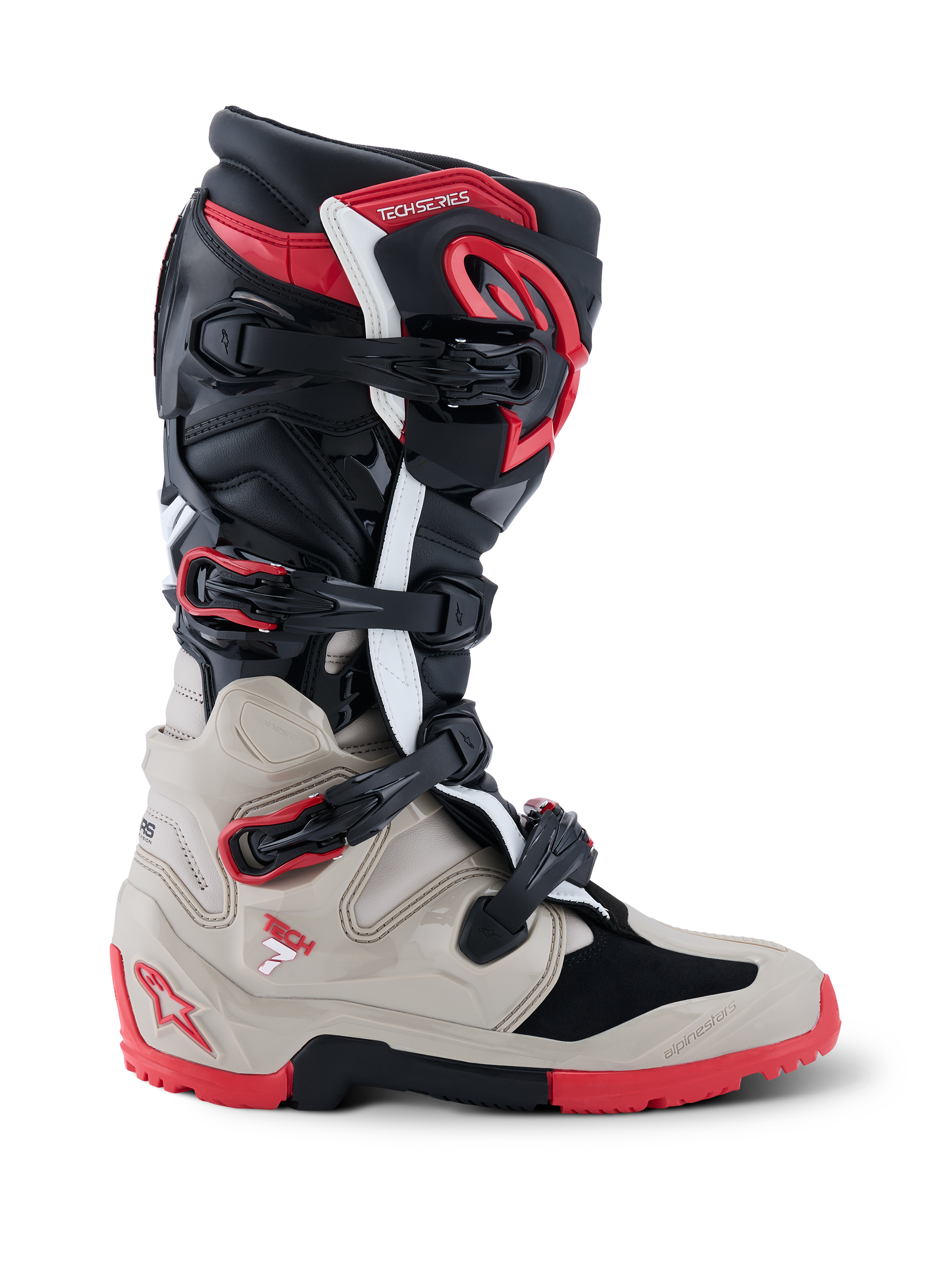 Alpinestars 2026 Tech 7 Enduro-støvler, off-road motorcykelstøvler i sort, lysegrå og klar rød, sideprofil der viser multispændesystemet og omfattende TPU-stødbeskyttelse.