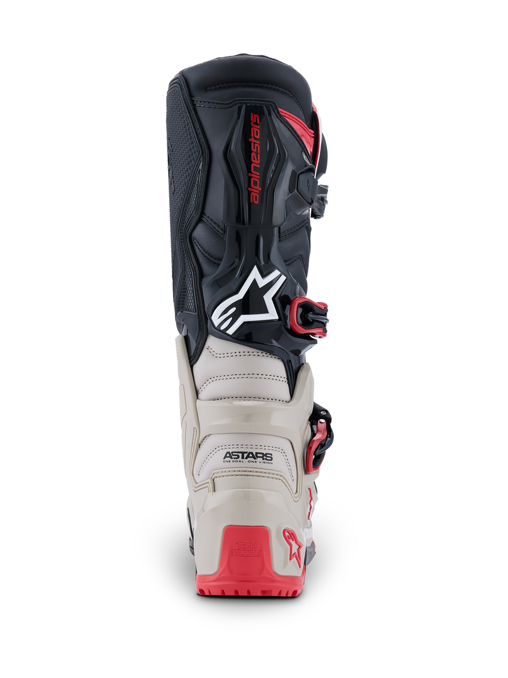 Alpinestars 2026 Tech 7 Enduro-støvler, set bagfra, sort, lysegrå og klar rød, med forstærket TPU-beskyttelse på hælen og læggen, hvidt Astars-logo og røde spænde-detaljer, holdbar konstruktion til off-road racing
