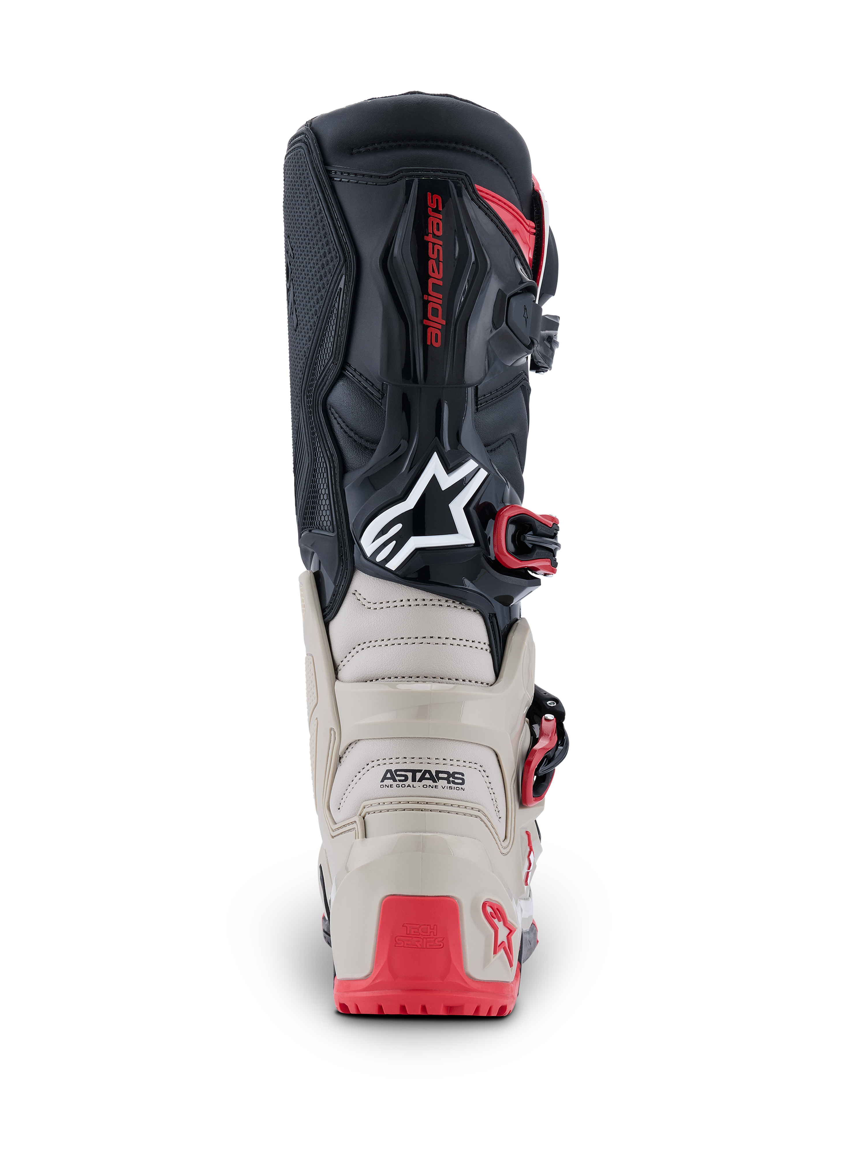 Alpinestars 2026 Tech 7 Enduro-støvler, set bagfra, sort, lysegrå og klar rød, med forstærket TPU-beskyttelse på hælen og læggen, hvidt Astars-logo og røde spænde-detaljer, holdbar konstruktion til off-road racing