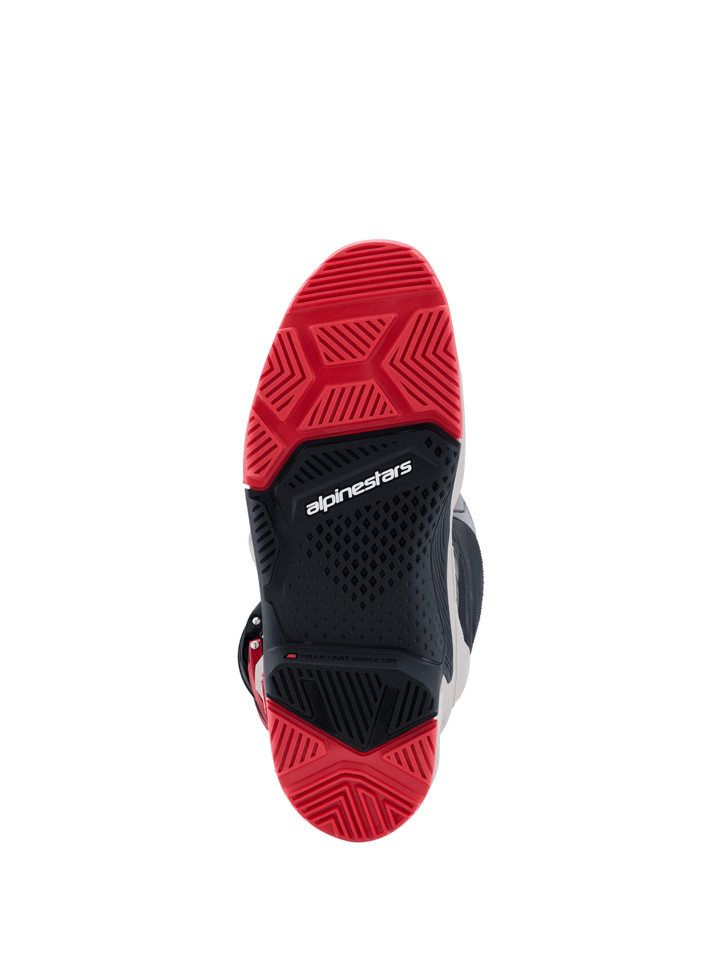 Alpinestars 2026 Tech 7 Enduro støvler, undersiden af den dobbelte sammensatte sål, stærkt rød og sort gummi med specialiseret mønster for off-road greb, hvidt Alpinestars logo i midten