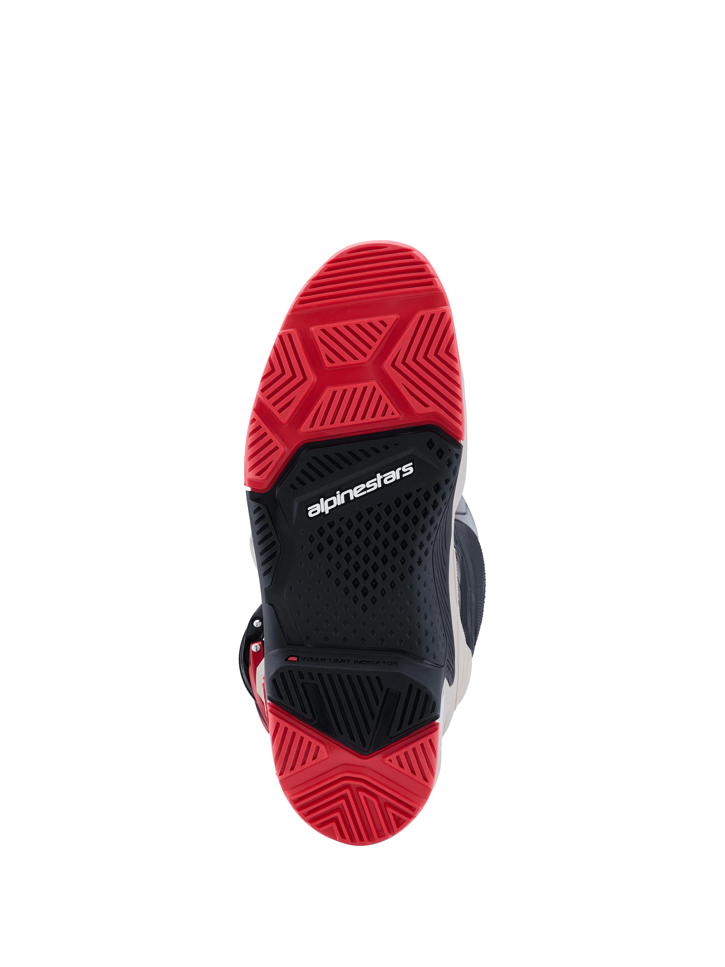 Alpinestars 2026 Tech 7 Enduro støvler, undersiden af den dobbelte sammensatte sål, stærkt rød og sort gummi med specialiseret mønster for off-road greb, hvidt Alpinestars logo i midten