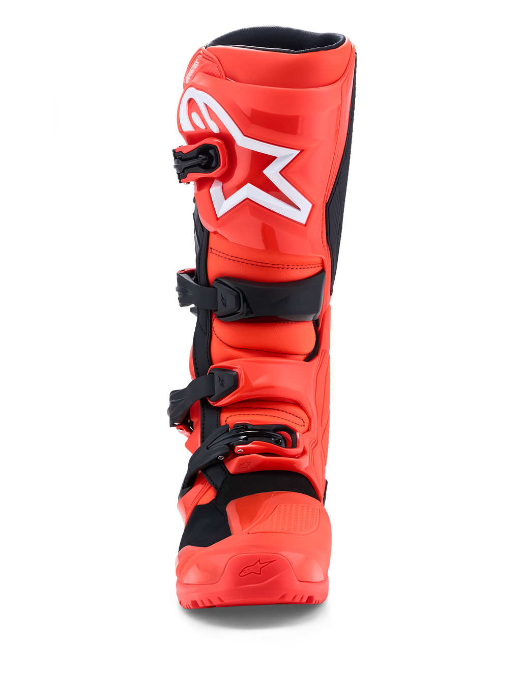 Alpinestars Tech 7 Enduro støvler, motocrossstøvler i fluorescerende rød og sort, CE-certificeret TPU-beskyttelse, set forfra