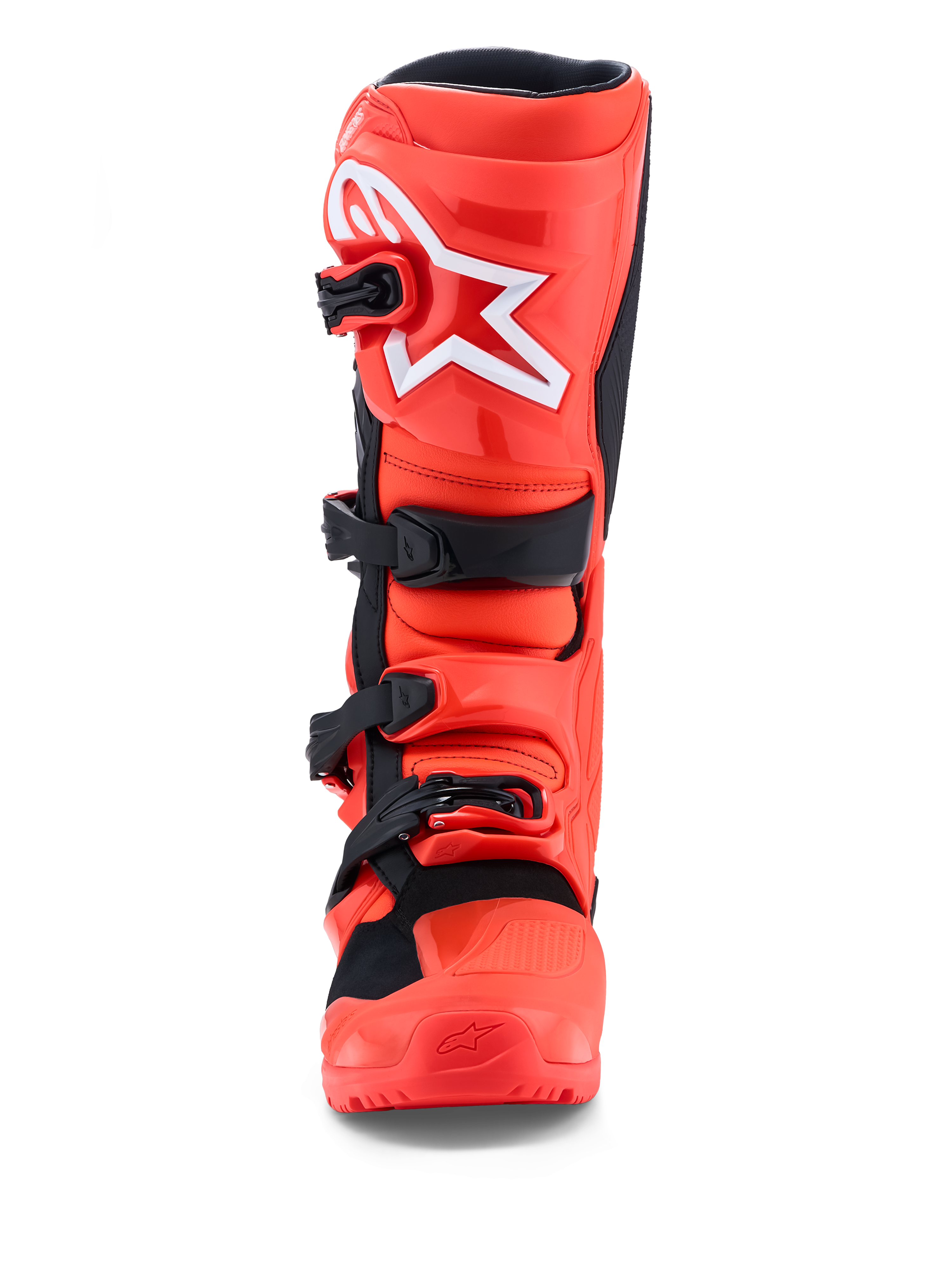 Alpinestars Tech 7 Enduro støvler, motocrossstøvler i fluorescerende rød og sort, CE-certificeret TPU-beskyttelse, set forfra