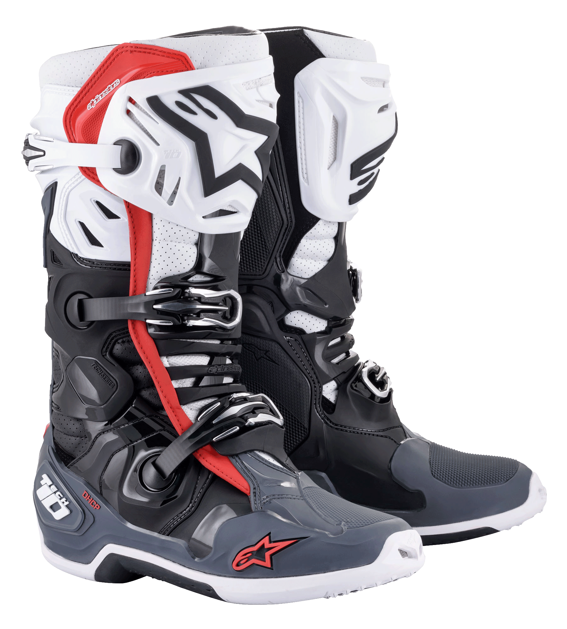 Alpinestars Tech 10 Supervented støvler, motocross støvler, sort hvid mellemgrå og rød, med ventilerede skinnebensplader, perforeret mikrofiberkonstruktion for luftstrøm, multi-spændelukningssystem og Alpinestars-branding på tå og hæl.