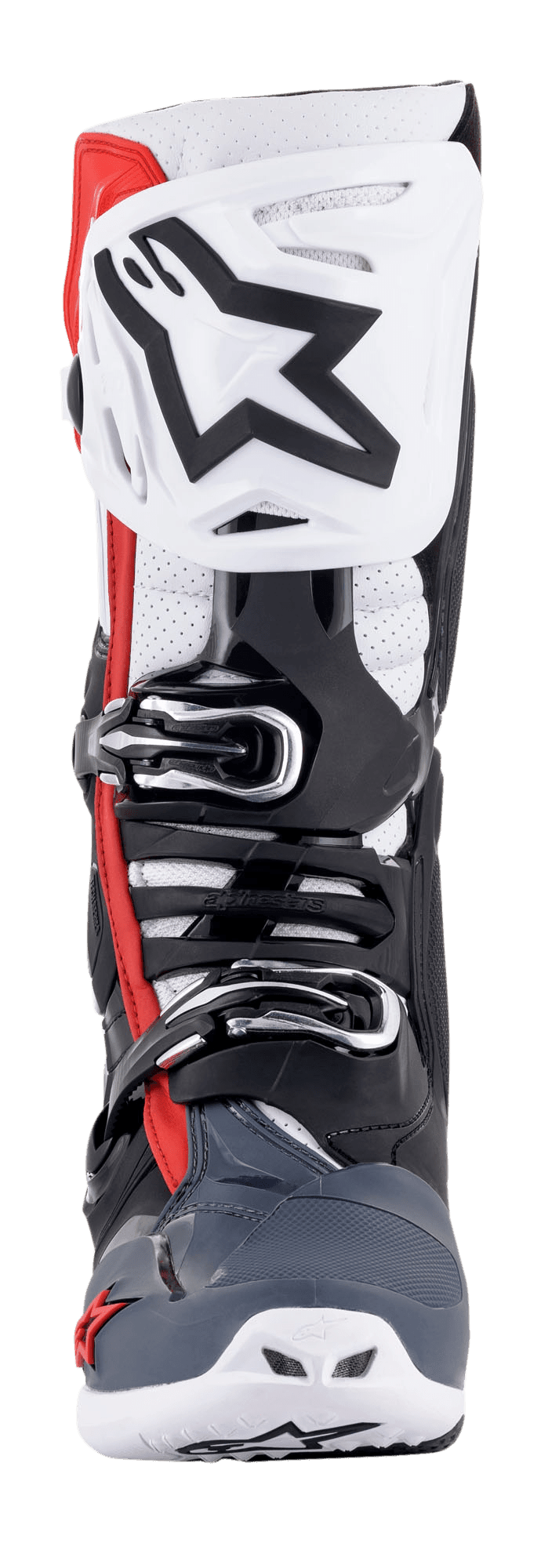 Alpinestars Tech 10 Supervented støvler, set forfra, sort, hvid, mellemgrå og rød, med en ventileret skinneplade med et stort sort stjernelogo, mikrojusterbart spændesystem, perforerede zoner for luftstrøm og et holdbart TPU-beskyttelseschassis til motocross.
