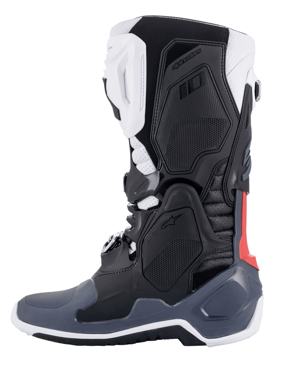Alpinestars Tech 10 Supervented støvler, motocross-støvler, sort hvid mellemgrå og rød, sideprofil, med ventilerede TPU-paneler, perforeret mikrofiberkonstruktion og højtydende sål til terrænkørsel