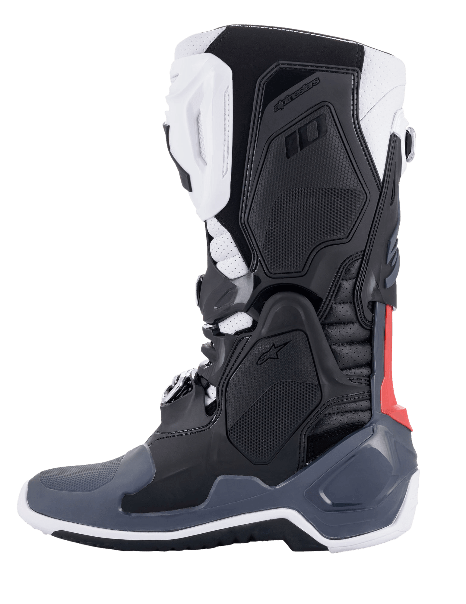Alpinestars Tech 10 Supervented støvler, motocross-støvler, sort hvid mellemgrå og rød, sideprofil, med ventilerede TPU-paneler, perforeret mikrofiberkonstruktion og højtydende sål til terrænkørsel