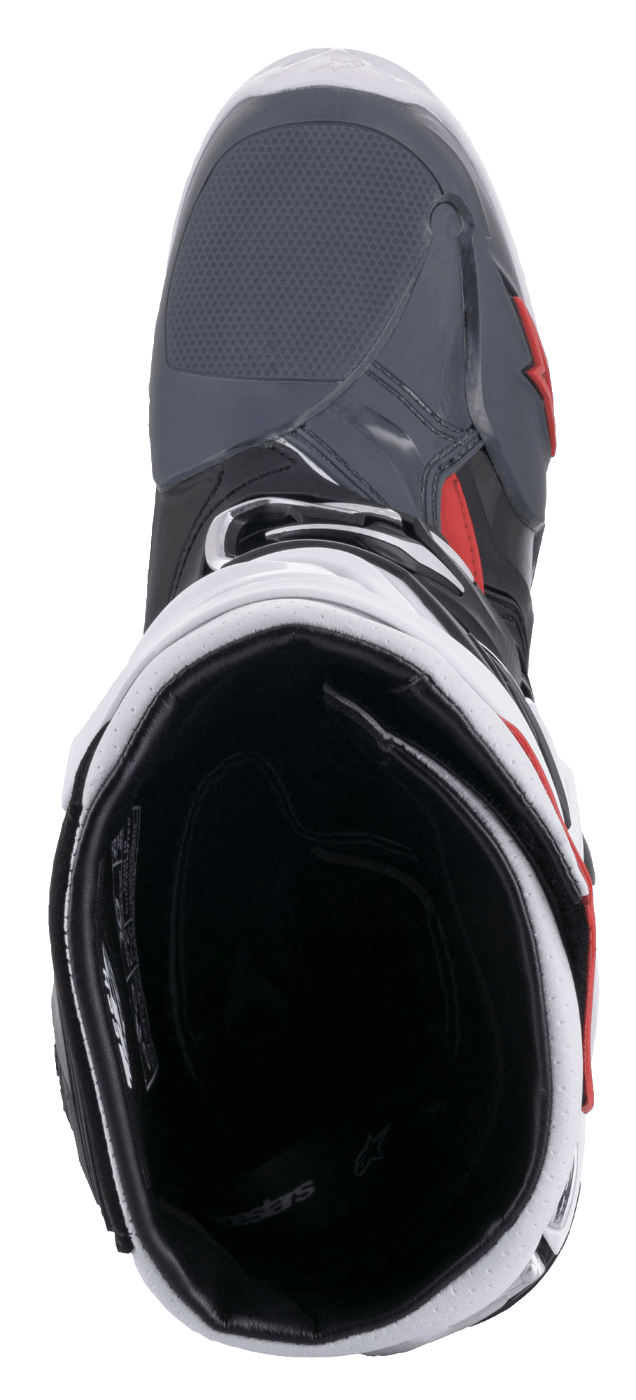 Alpinestars Tech 10 Supervented støvler, motocross-støvler, sort hvid mellemgrå og rød, set oppefra med kig ind i det indvendige mesh-for og den polstrede krave, teknisk design for høj luftgennemstrømning