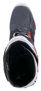 Alpinestars Tech 10 Supervented støvler, motocross-støvler, sort hvid mellemgrå og rød, set oppefra med kig ind i det indvendige mesh-for og den polstrede krave, teknisk design for høj luftgennemstrømning