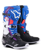 Alpinestars Tech 10 Supervented Boots, Motocross Boots, Black Enamel Blue Purple and White, featuring ventilated shin plates with white Alpinestars branding, red mesh accents, and secure buckle closures for off-road performance.