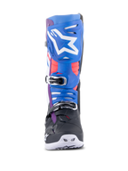 Alpinestars Tech 10 Supervented Boots, Motocross Boots, Black Enamel Blue Purple White, front-facing view featuring blue shin plate with white star logo, chrome-accented buckles, and ventilated construction for off-road racing.