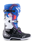 Alpinestars Tech 10 Supervented Boots, Motocross Racing Boots, Blue Purple White Black and Red, side profile view featuring a triple buckle closure system, ventilated zones, and Alpinestars star logo branding.