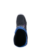 Alpinestars Tech 10 Supervented Boots, top-down view looking into the boot opening, Black Enamel Blue Purple White colorway, showing the 3D mesh lining and blue gaiter, high-performance motocross footwear