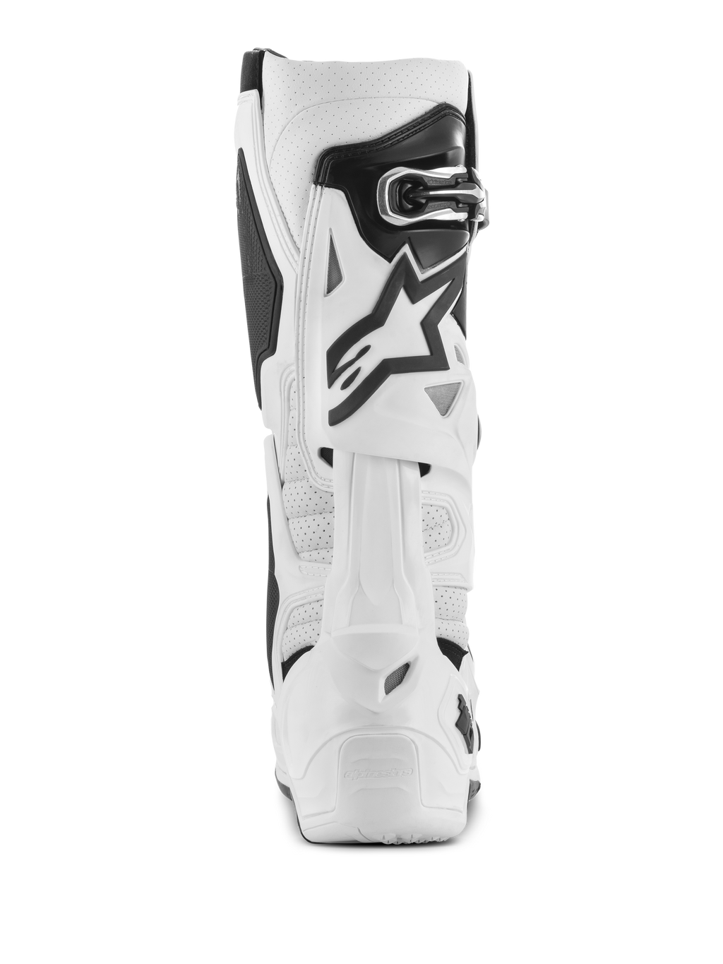 Alpinestars Tech 10 Supervented Boots, White Motocross Boots, Rear view featuring perforated microfiber for airflow, white TPU rear blade system, black star logo, and secure buckle closure, high-performance off-road footwear