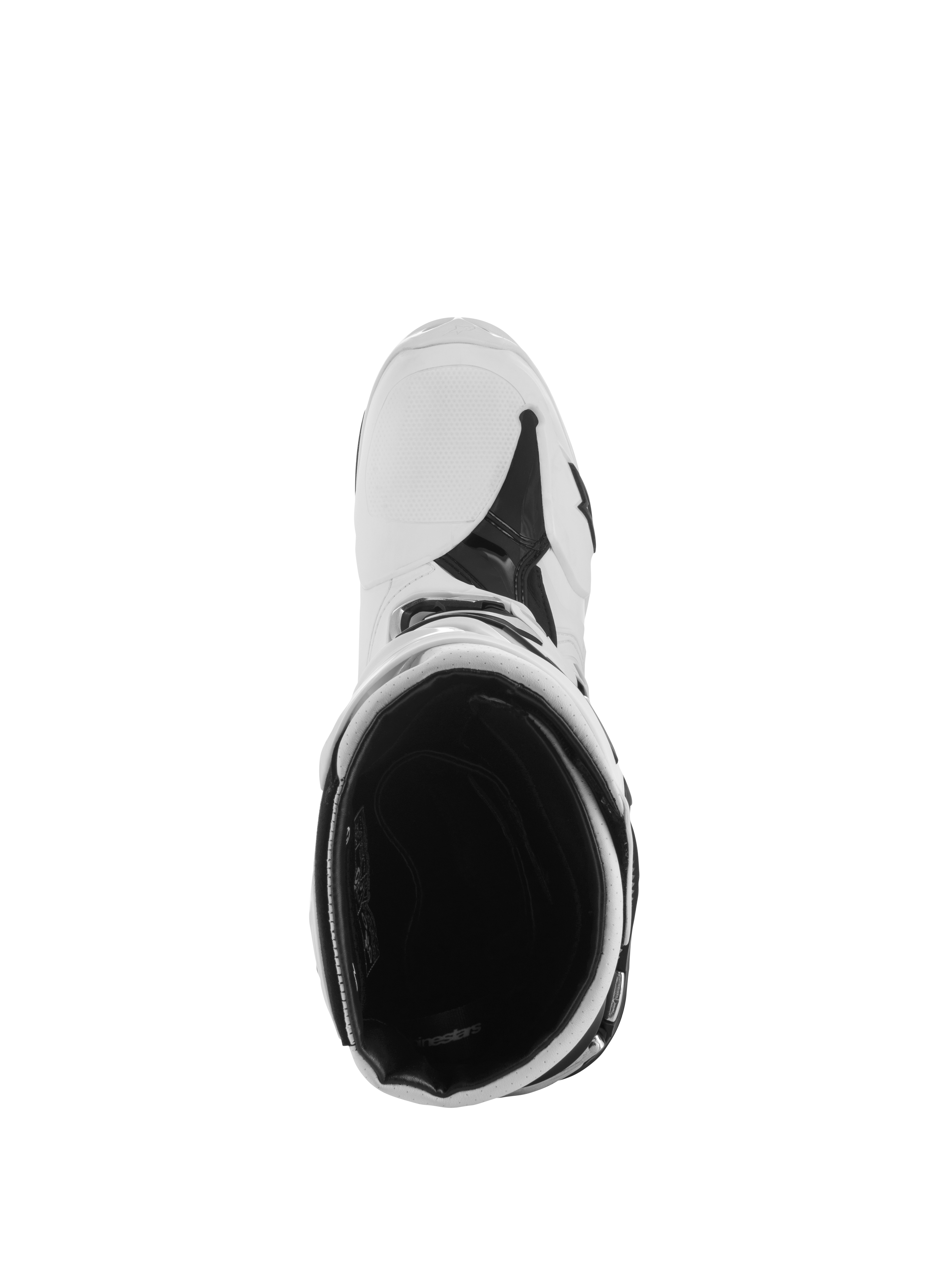 Alpinestars Tech 10 Supervented Boots, Motocross Boots, White and Black, top-down view showing the inner mesh lining and ventilated construction, professional protective footwear for motocross.
