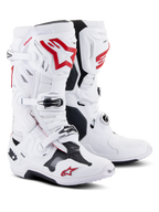 Alpinestars Tech 10 Supervented Boots, Motocross Boots, White and Bright Red, featuring perforated microfiber for airflow, prominent red Astars logos, black buckle closures, and a reinforced TPU chassis for off-road performance.