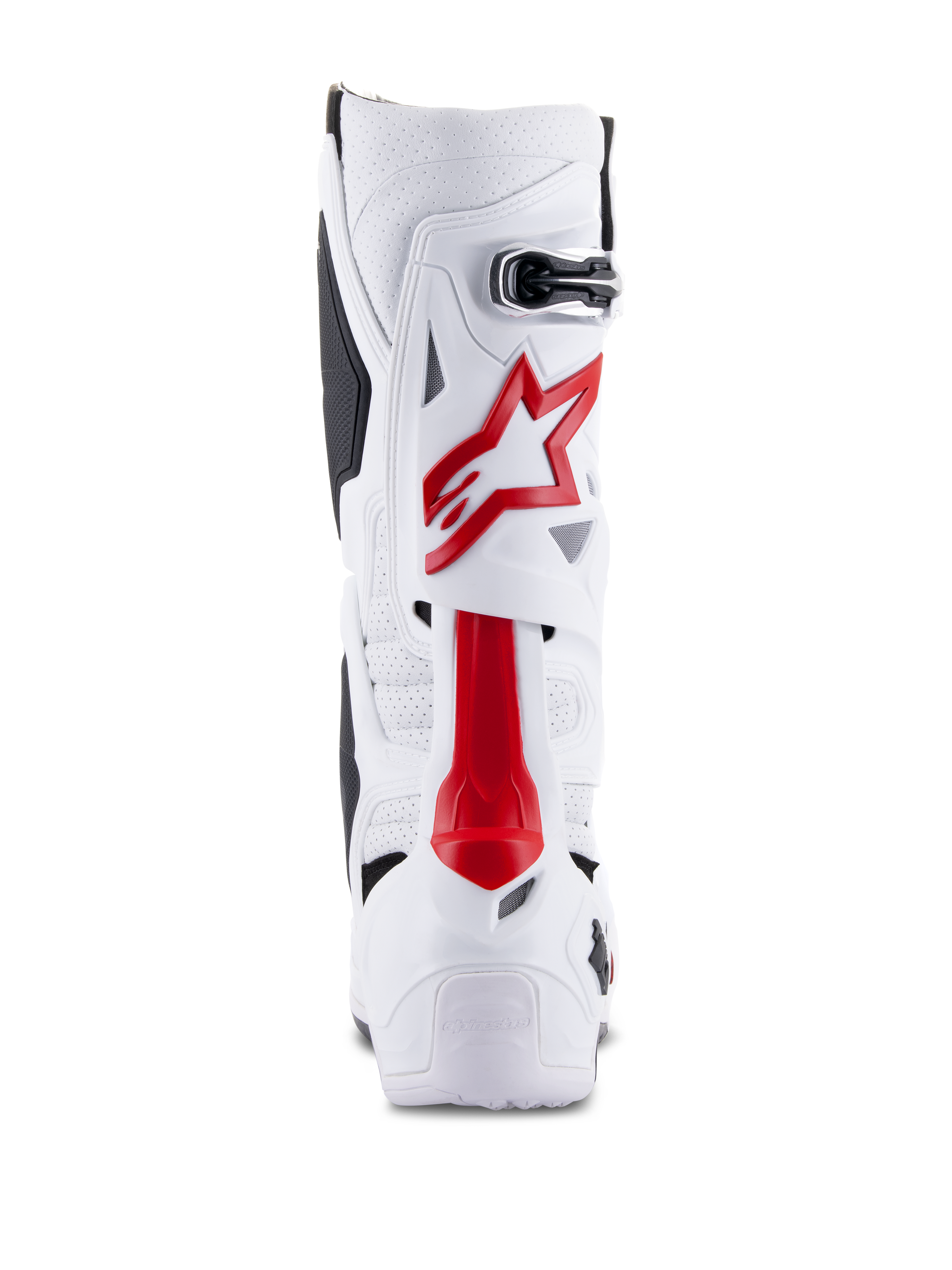 Alpinestars Tech 10 Supervented Boots, Motocross Boots, White and Bright Red, rear view showing ventilated microfiber, red star logo, and reinforced TPU shell for off-road performance